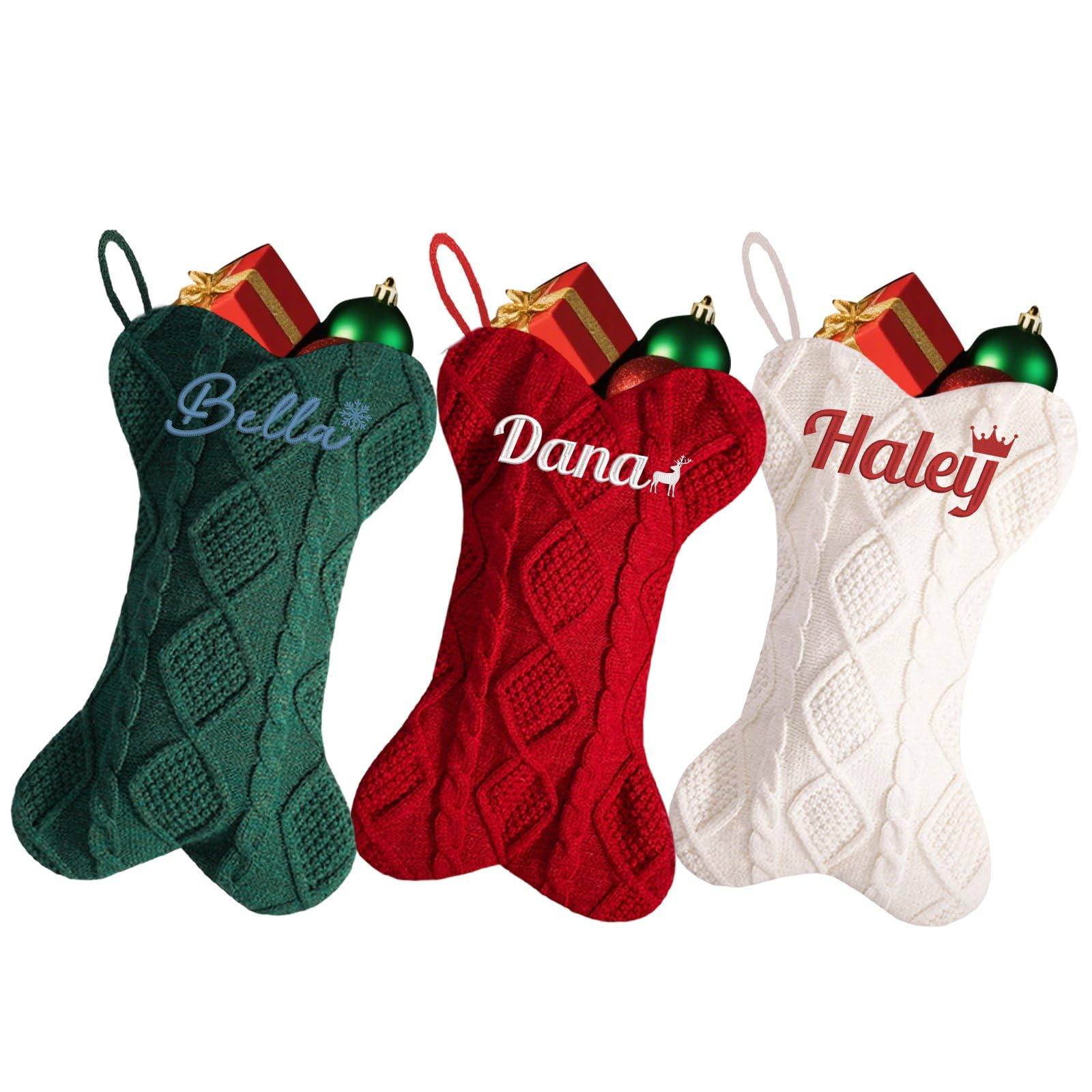 Calze natalizie lavorate a maglia a forma di osso grandi, personalizzate da 41,5 cm, con nome personalizzato, calza di Natale grande per la famiglia, decorazione natalizia per camino, vacanze