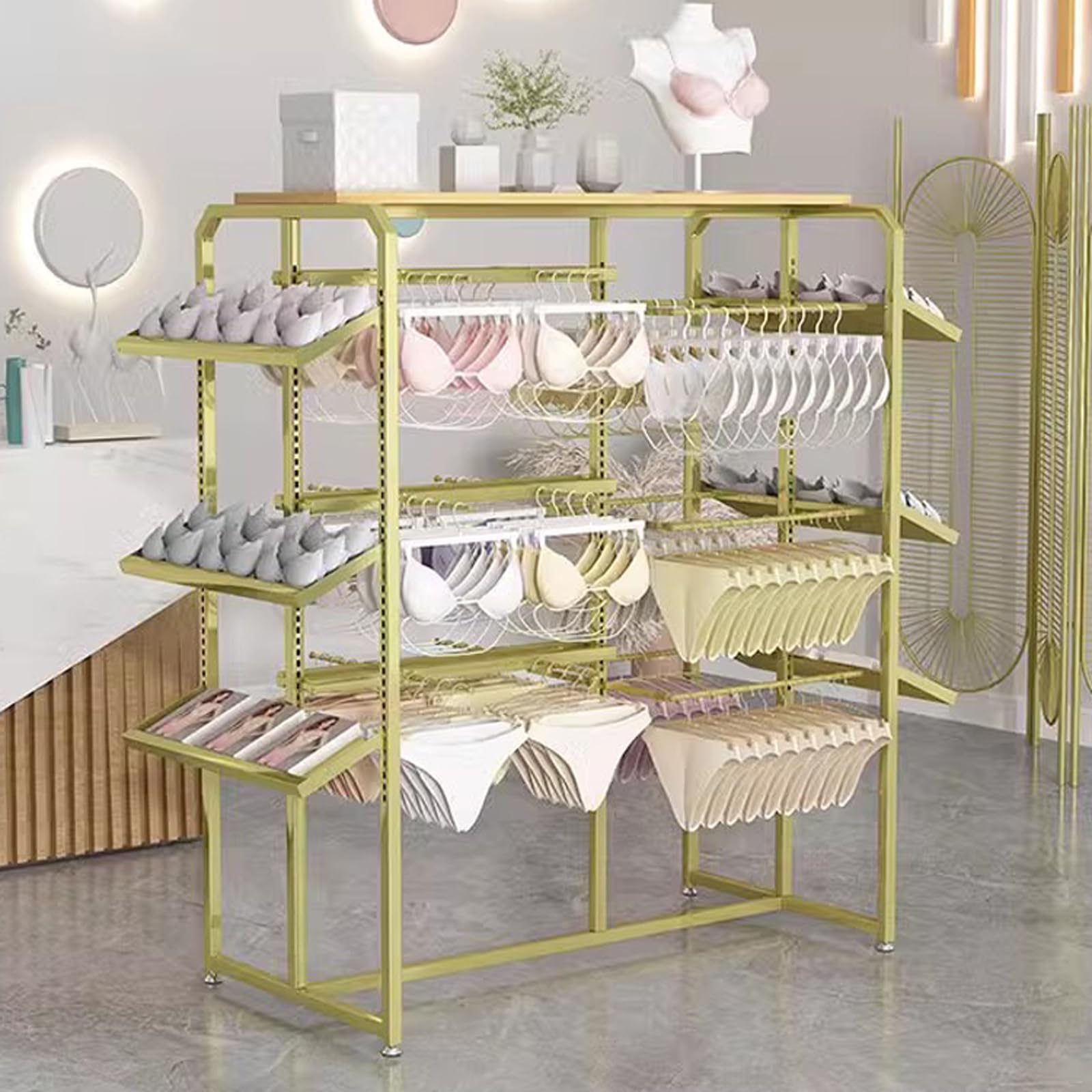 DETMOL Adjustable, double-sided lingerie display stands, storage stands for lingerie, bras, panties and scarves in boutique retail stores, freestanding metal clothes hangers for clothing stores