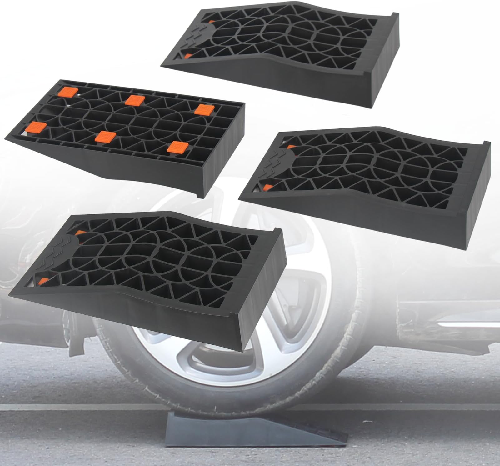 OULEME Low Profile Car Service Ramp - 4 Pack with Anti-Slip Pads for Lift Maintenance and Oil Changes, Low-Chassis Car Tire Ramps for Jack Support