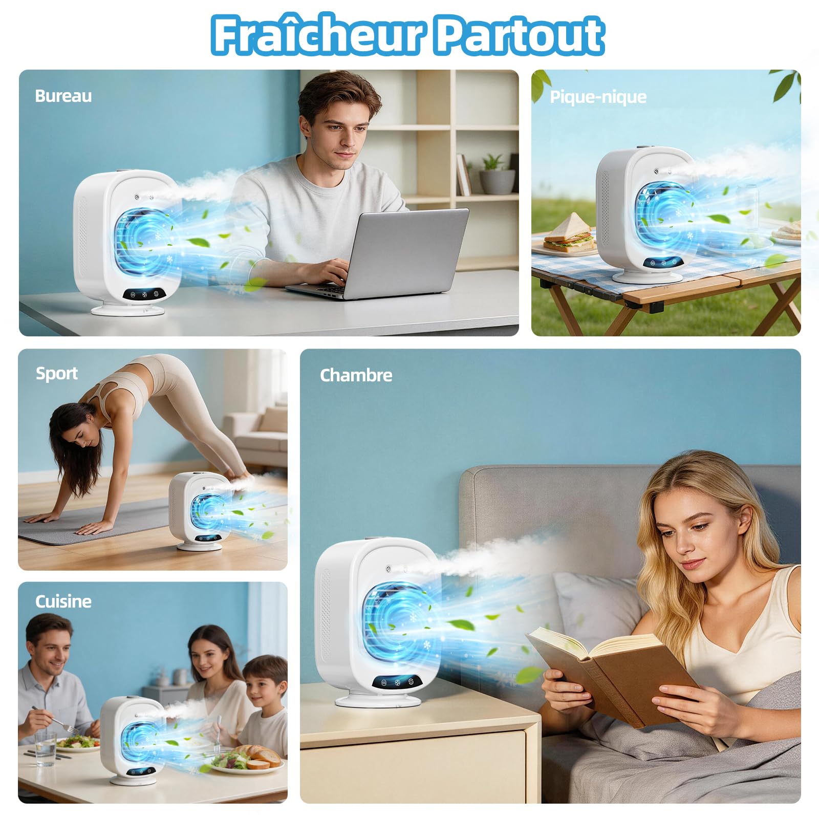 Climatiseur Mobile Portable, Mini Refroidisseur d'Air 4 en 1, Silencieux, 3 Vitesses, 300ML, USB, Ventilateur Brumisateur, Mini Clim pour Bureau, Chambre, Voiture, Camping(Blanc)