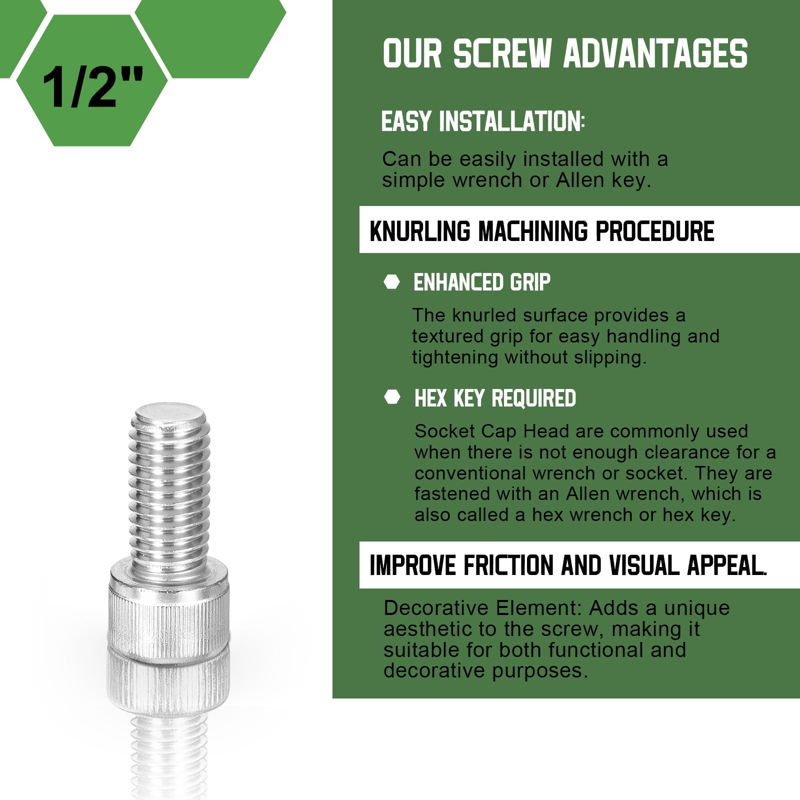 uxcell Hex Socket Bolts (1/2"-13x7/8"), 304 Stainless Steel Hex Socket Drive Screws, Silver Tone, 5 Pcs - Image 3