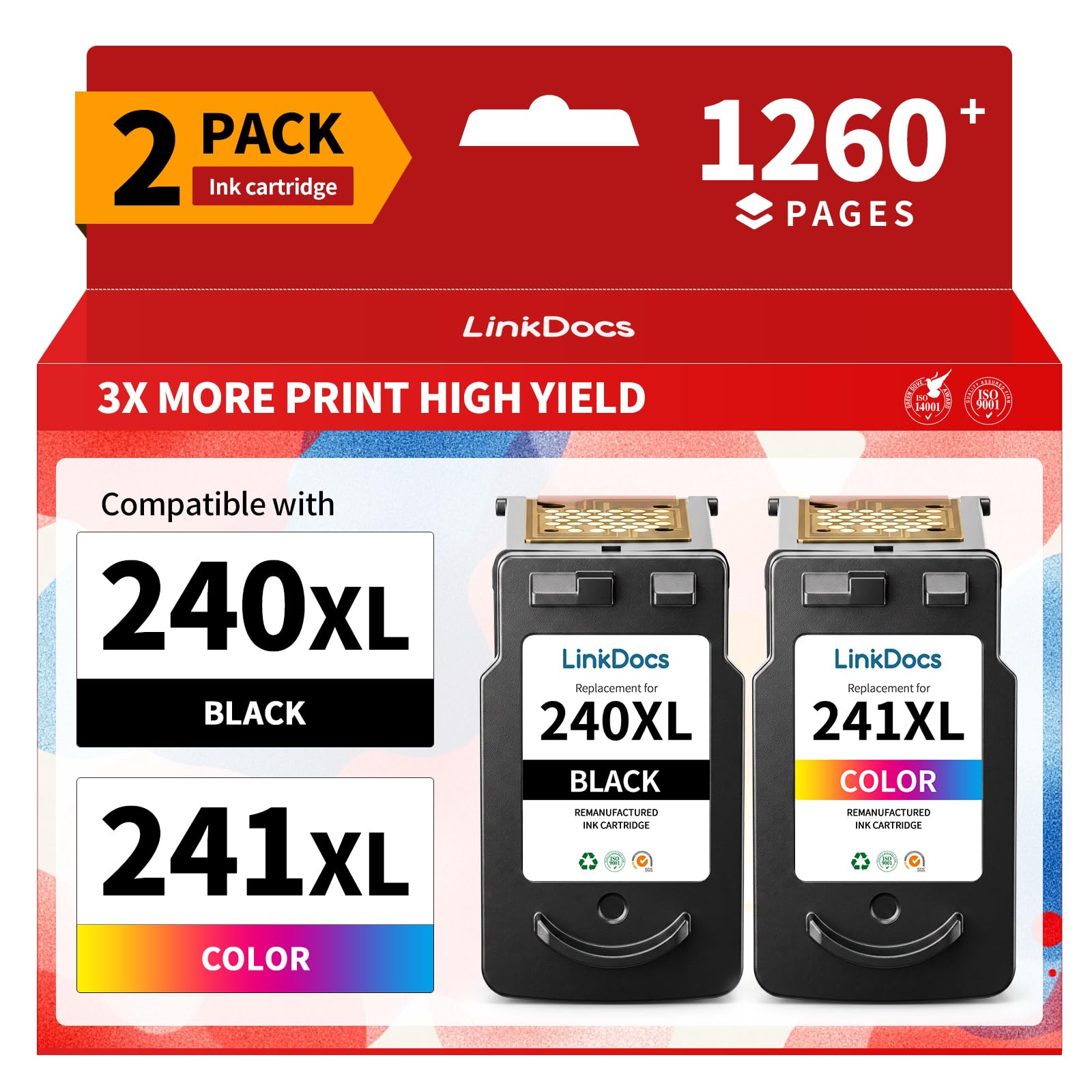 LinkDocs 240XL 241XL Remanufactured Ink Cartridges Replacement for Canon PG-240XL CL-241XL 240 XXL 241 XL Work for MG3620 MG3600 MG3220 MG3222 MG2120 TS5120 MX472 Printer (2 Pack, Black &amp; Tri-Color)