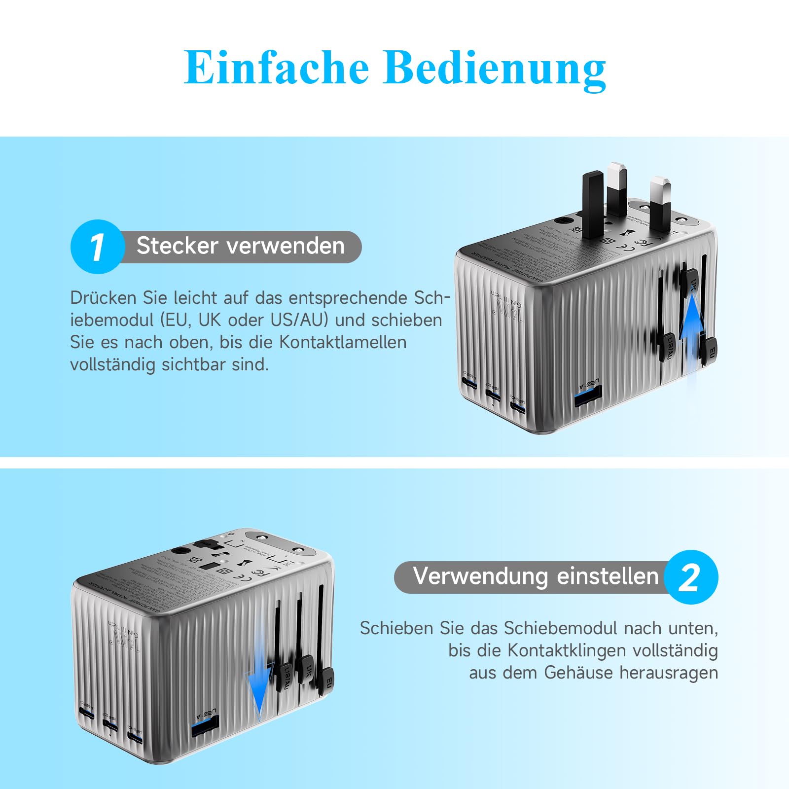 Minthouz Reiseadapter Weltweit,GaN Ⅲ PD 140W Universal Reisestecker mit 3 USB C und 1 USB A，Internationaler Steckdosenadapter,Power Adapters,Universaladapter für UK USA Japan Thailand Australien