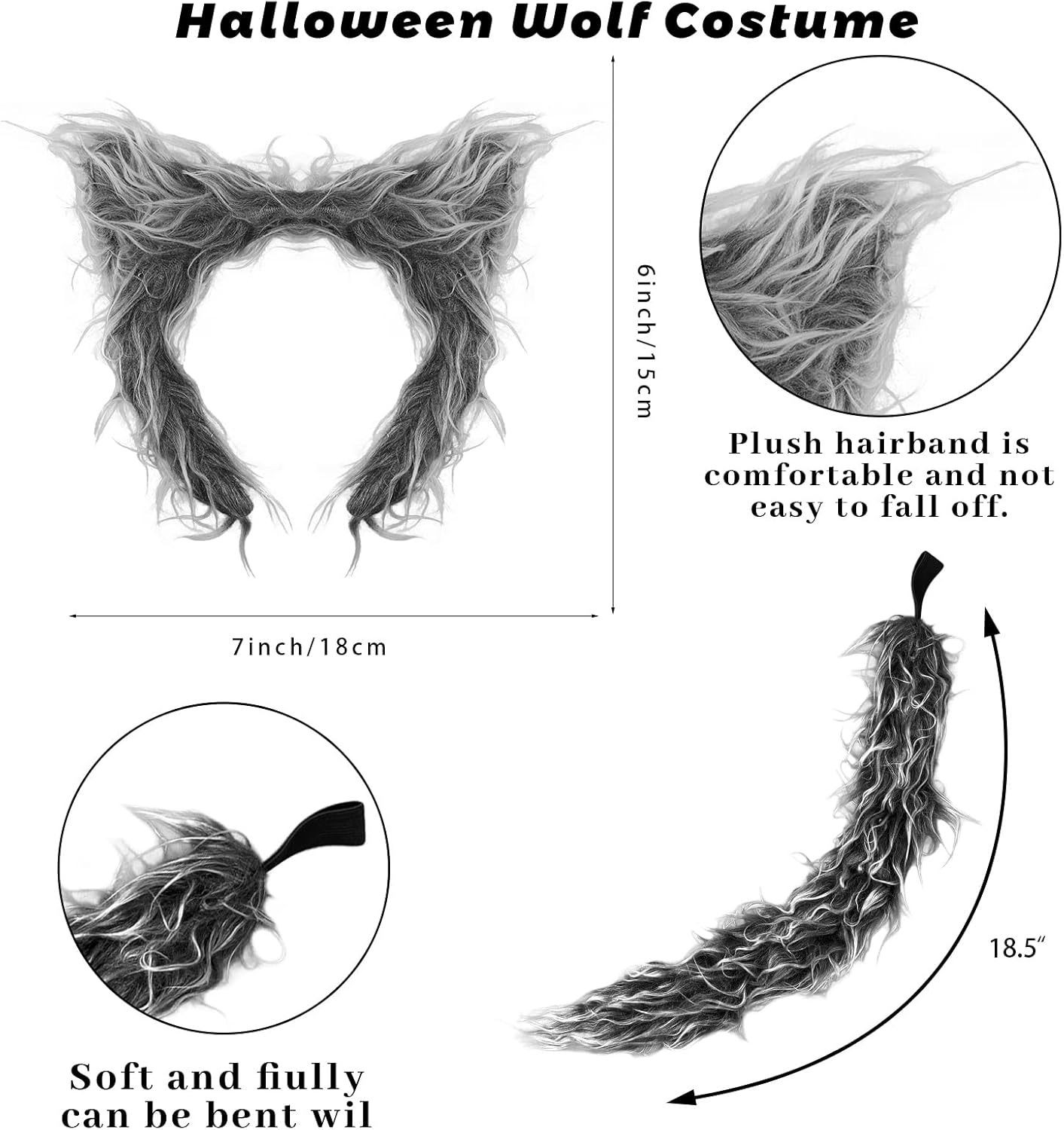 Erythem Wolf Ears Tail and Gloves Set Werewolf Wolf Costume for Kids Girls Women Halloween Animal Dress-Up Accessories Party Supplies - Image 3