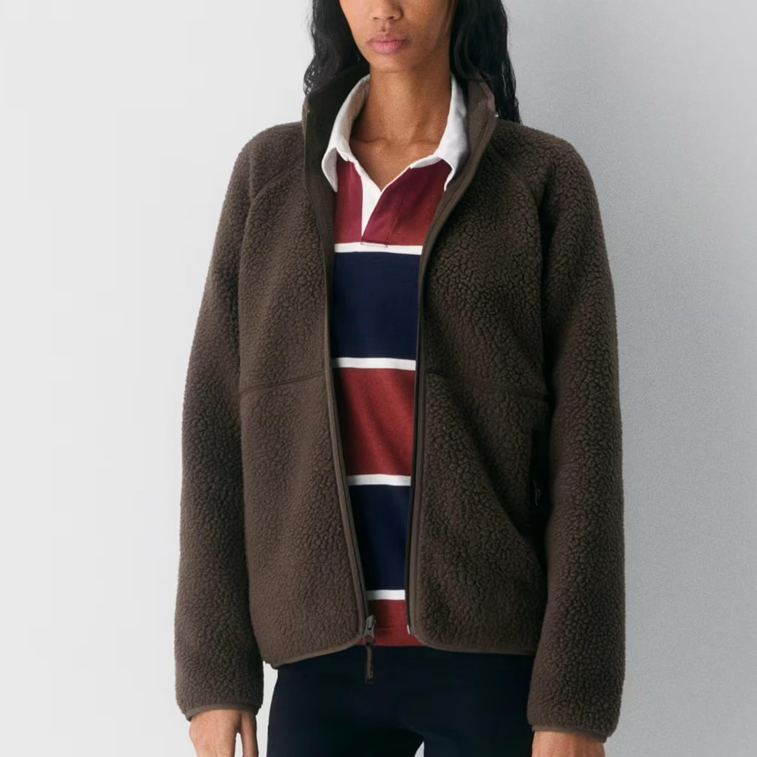 Songling Women Fleece Jacket Full Zip Warm Fuzzy Sweatshirt Oversized Sherpa Stand Collar Sweater Jackets with Pockets - Image 3