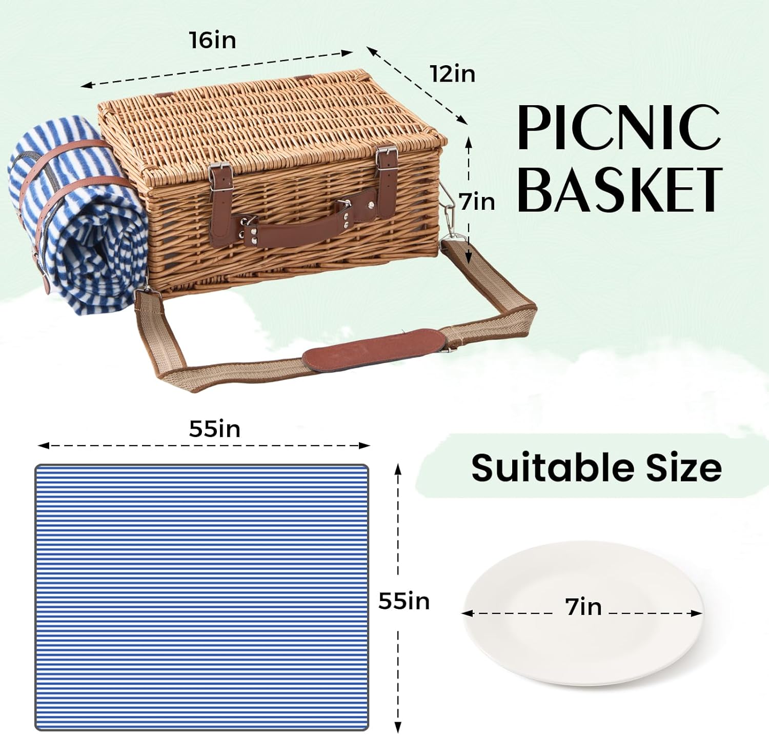 Willow Picnic Basket Set for 4 with Large Insulated Bag and Waterproof Picnic Blanket, Wicker Picnic Hamper for Camping, Outdoor, Birthday, Valentine, Navy