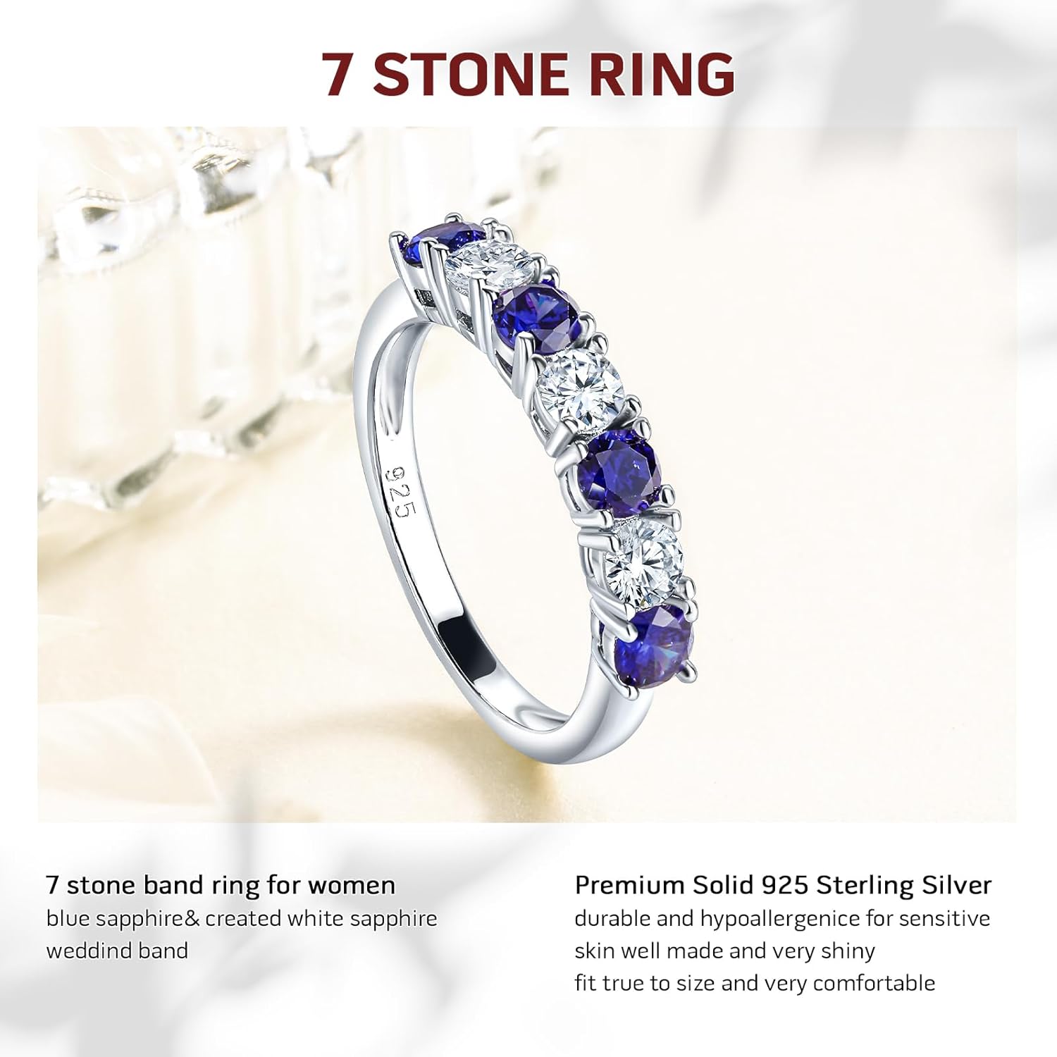 DAYBYDAY 925 Sterling Silver Birthstone Rings for Women White Sapphire Created Gemstone Wedding Band Stackable Half Eternity 7 Stone Anniversary Ring Wife Mom Grandma Birthday Jewelry Size 6-10