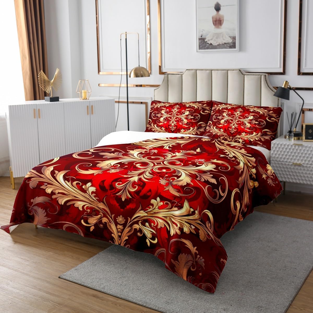 Erosebridal Red Damask Twin Bedspread Set, Bohemian Vintage Florals Paisley Soft Quilt Set, Hippie Exotic Aztec Waterproof Coverlet Set & Bedspread for Bedroom, Elegant Luxury Quilt Bedding Sets