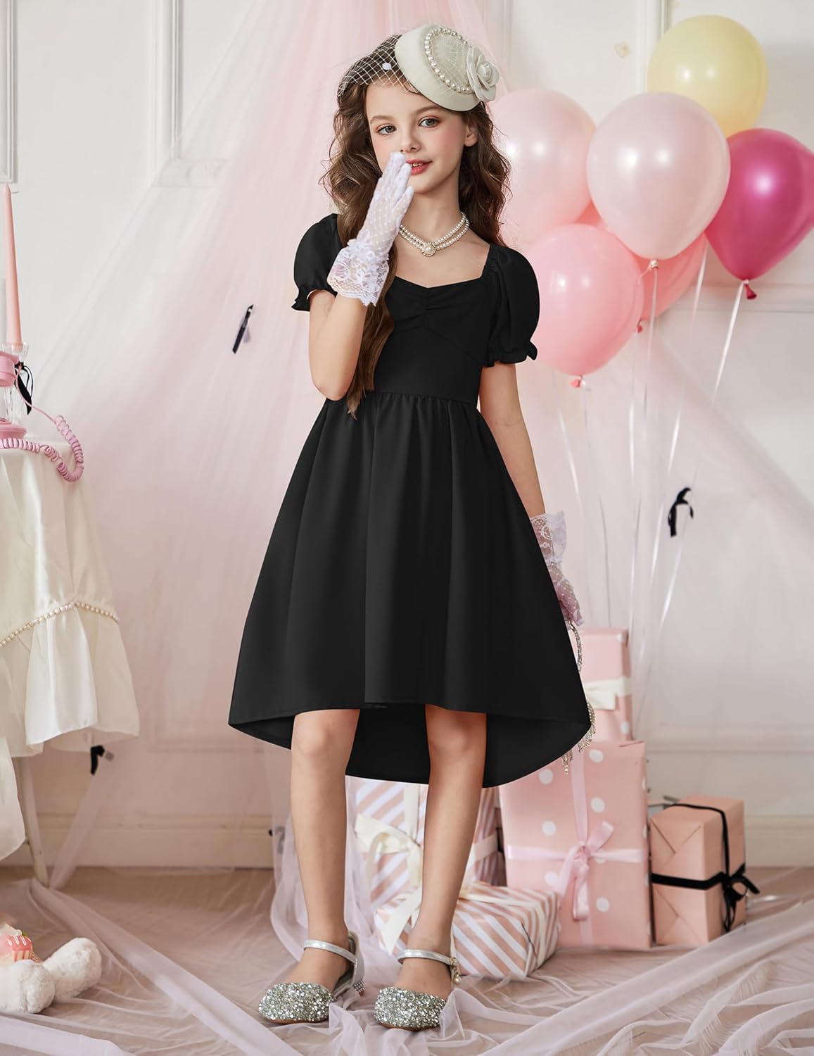 Arshiner Girls Summer Dress Puff Sleeve High Low Swing Off Shoulder Formal Dresses with Pocket - Image 4