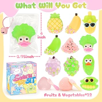 NINAOR Squeeze Squishy Toys for Kids, 12Pcs Fruit Vegetables Sensory Fidget Toys, Easter Egg Fillers Party Favors Treasure Box Toys for Classroom Stress Relief Gifts Travel Cute Stuff for Boys Girls