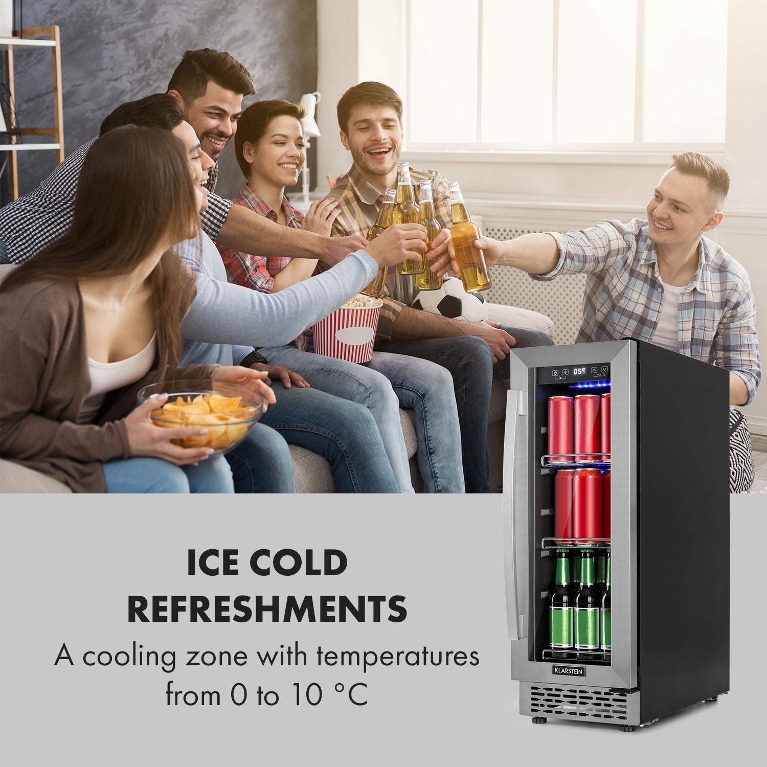 Klarstein Beerlager 56 Nevera para Bebidas, 56 L, 20 Botellas, Empotrable, 82 cm de Altura, Puerta de Cristal con Marco de Acero, 3 Estantes, 0-10 °C, Control Táctil, Negro