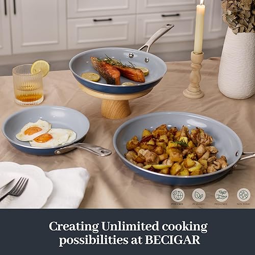 Miniatura 8 de Juego de sartenes de cerámica con mango de acero inoxidable - Juego de utensilios de cocina perfecto para bistec y cocina antiadherente - Juego