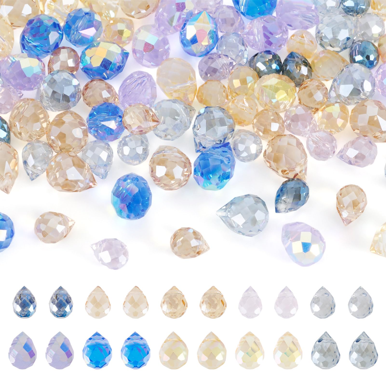 100 Pcs Clear Faceted Glass Teardrop Beads Electroplated Crystal Glass Beads AB Colors Crystal Teardrop Dangle Pendants for Women Necklace Bracelet Earring DIY Wind Chimes