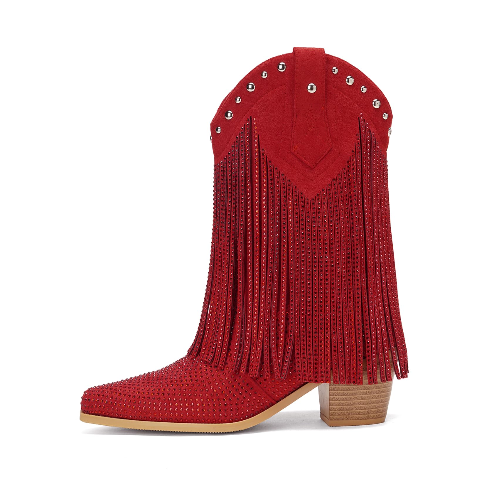 AIJIVOU Womens Rhinestone Fringe Cowgirl Ankle Boots Sparkly Western Cowboy Boots Pointed Toe Knee Block Chunky Middle Heel