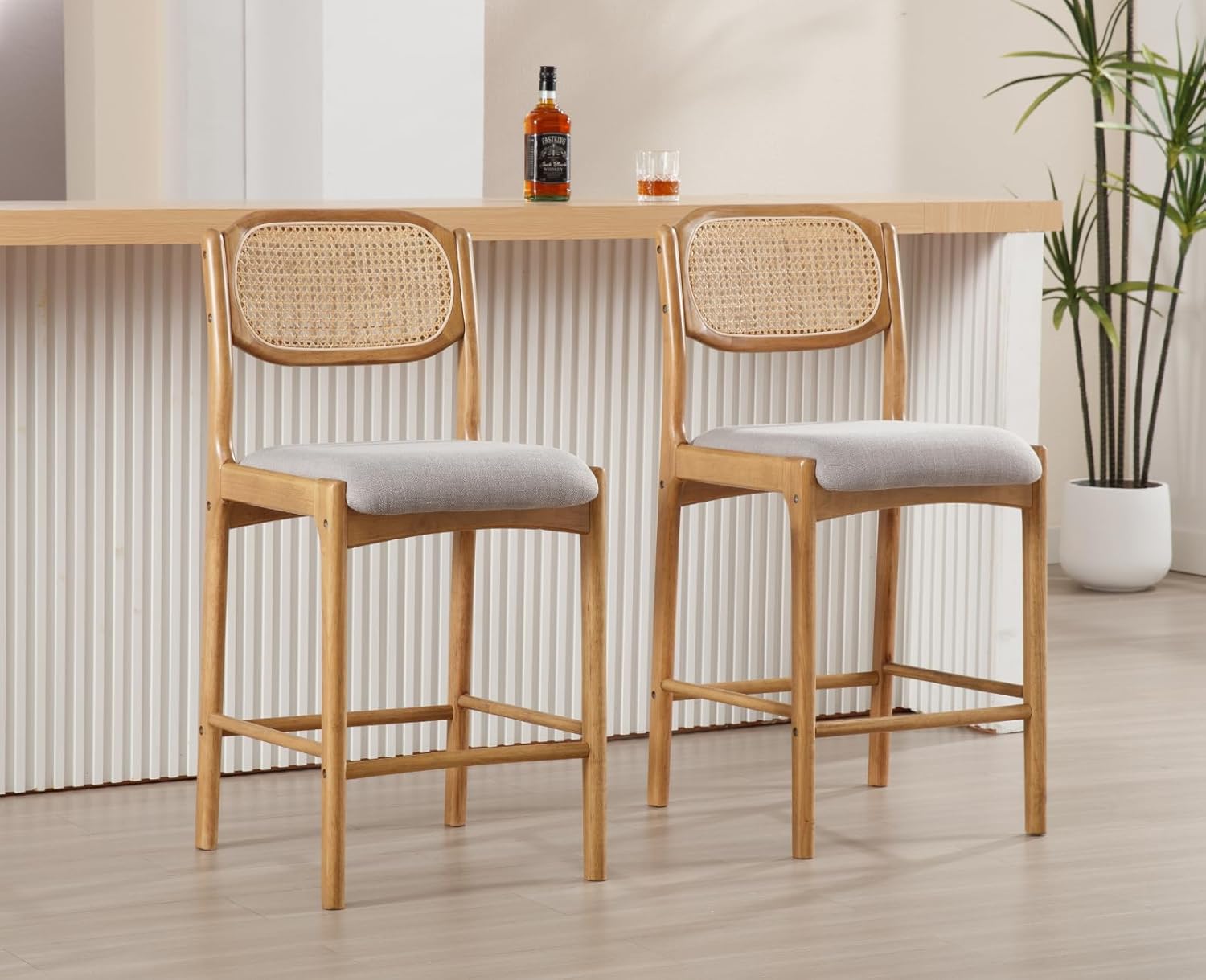 Amazon.com: Shunzhi Rattan Bar Stools Set of 2 Upholstered Boho Counter ...