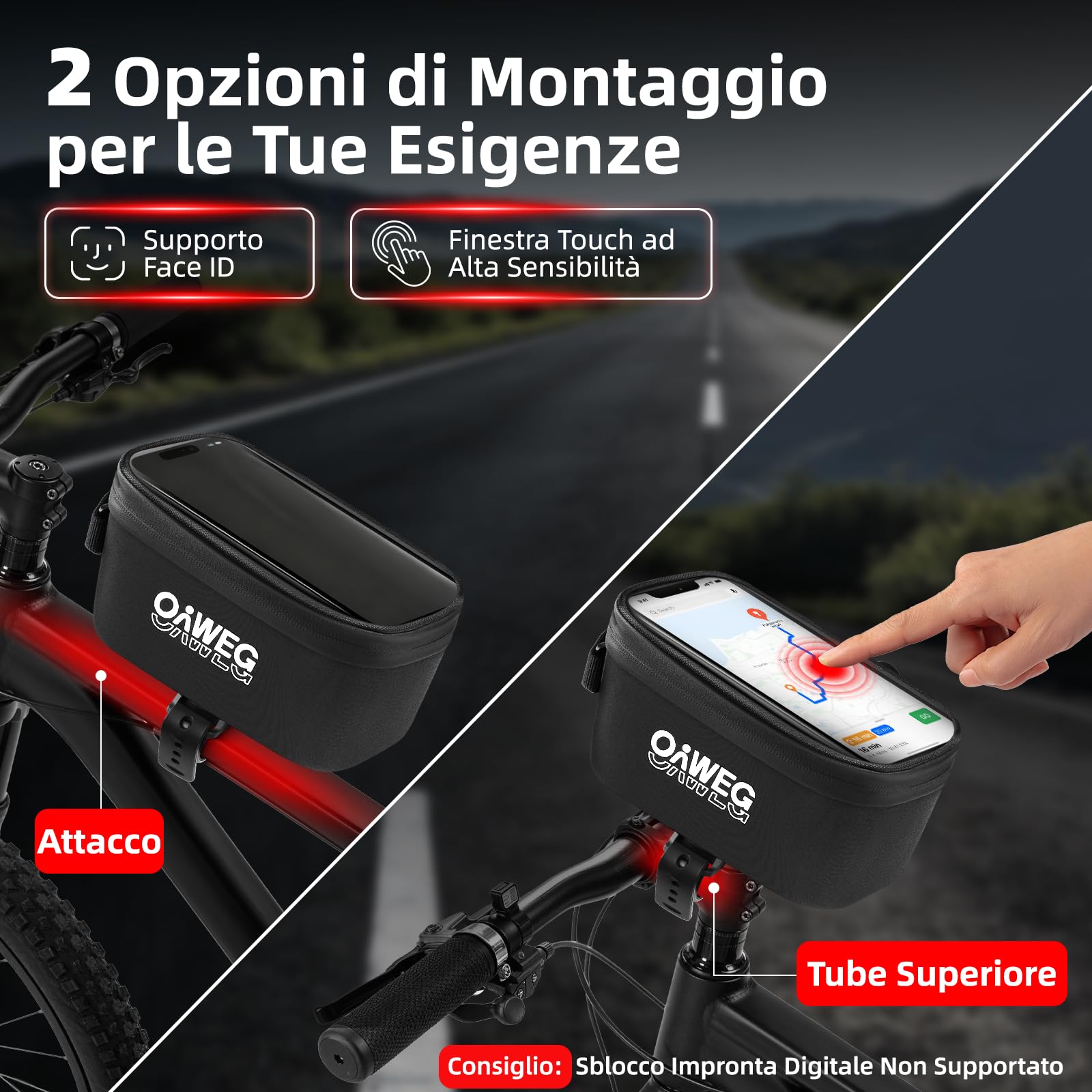 Borsa Telaio Bici Impermeabile 1,9L con Supporto Manubrio, TPU Touch Screen per Smartphone Fino a 6.7" – Impermeabile e Antivibrazione per MTB e Commuting, Installazione Rapida
