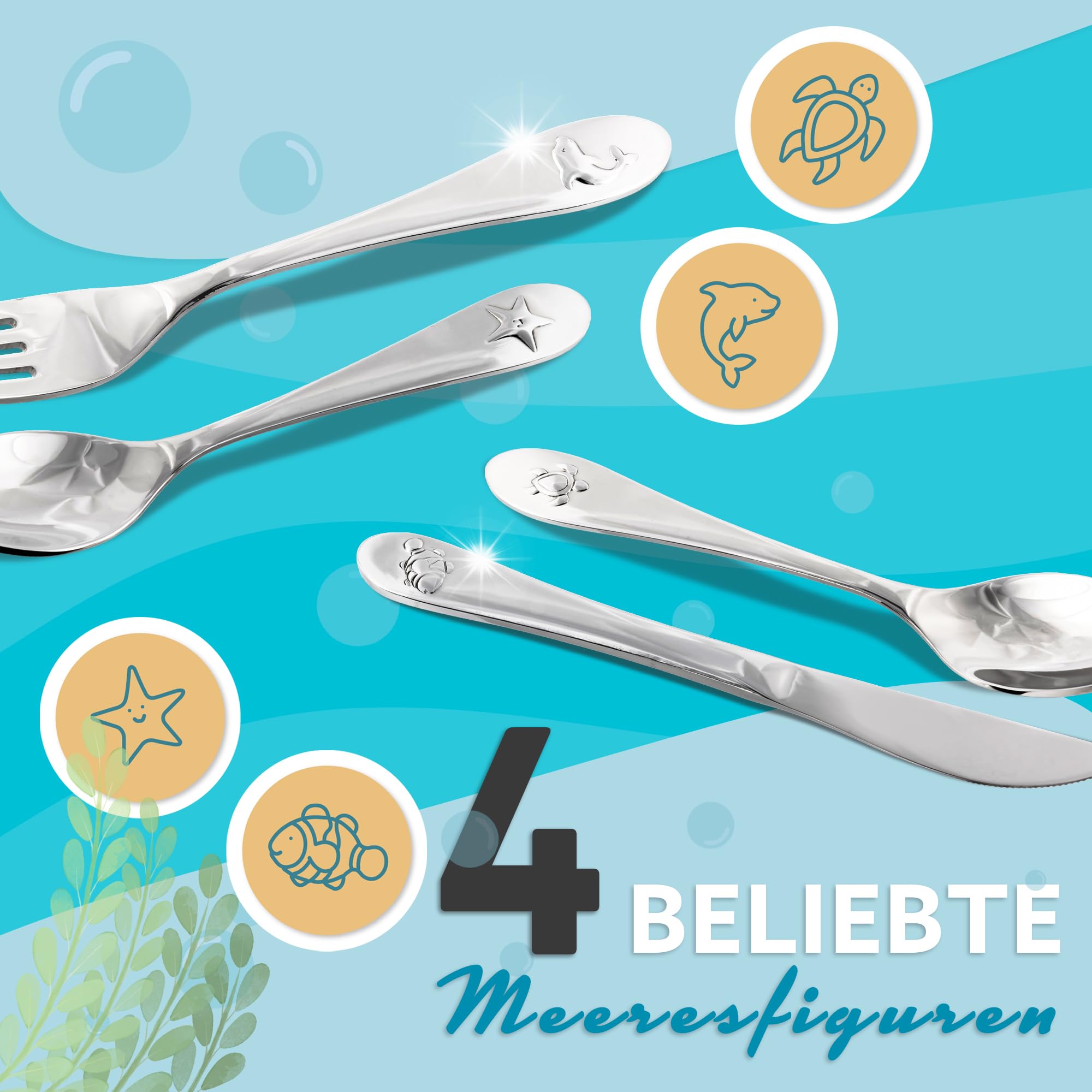 Posate Bambini Animali Marini - Set 4 Pezzi Acciaio Inox - Lavabile In Lavastoviglie - Foto 7