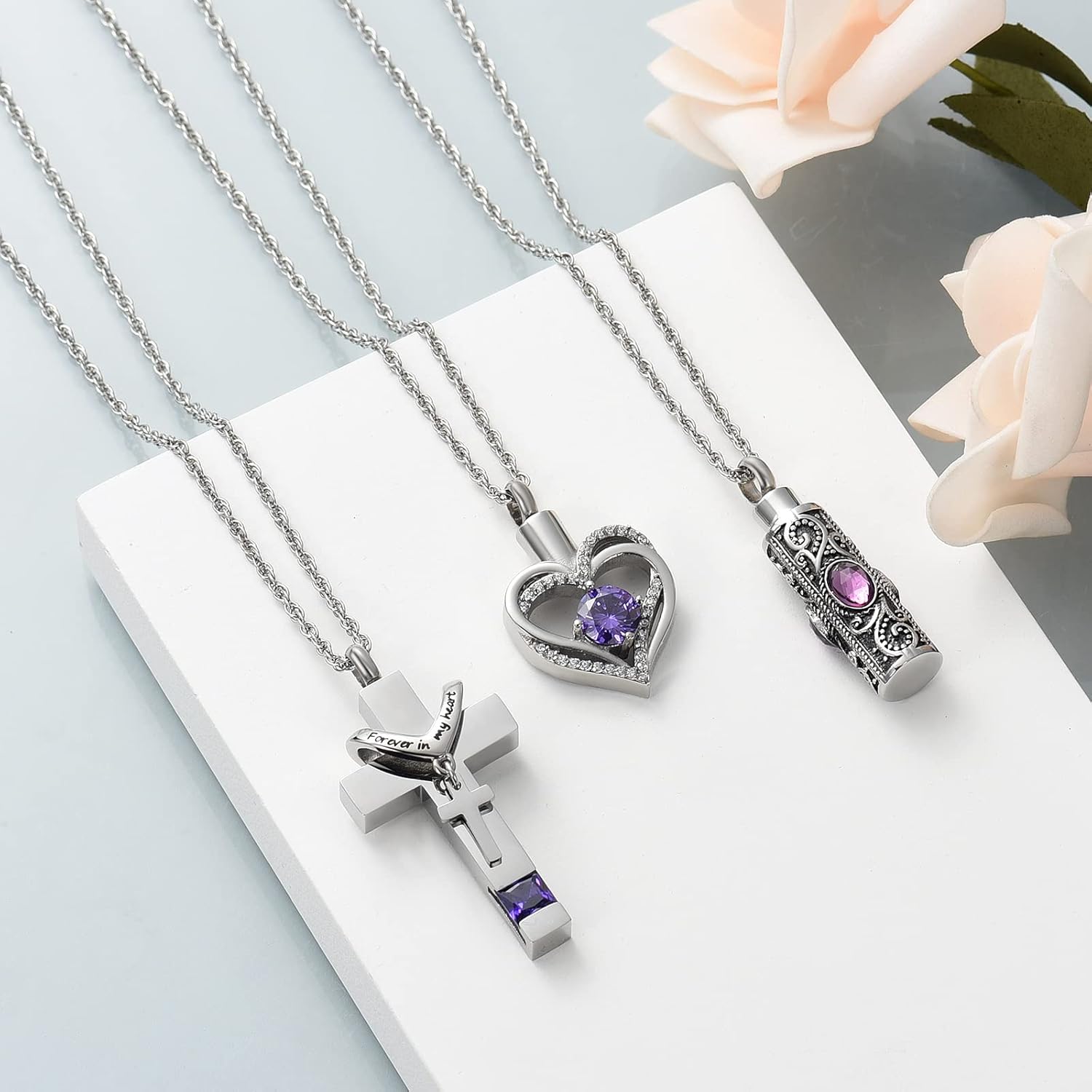 shajwo 3 Pack Urn Necklace for Ashes for Women Gilrs Heart Cross Cylinder Cremation Jewelry for Ashes Memorial Keepsake Birthstone Pendant - Image 3