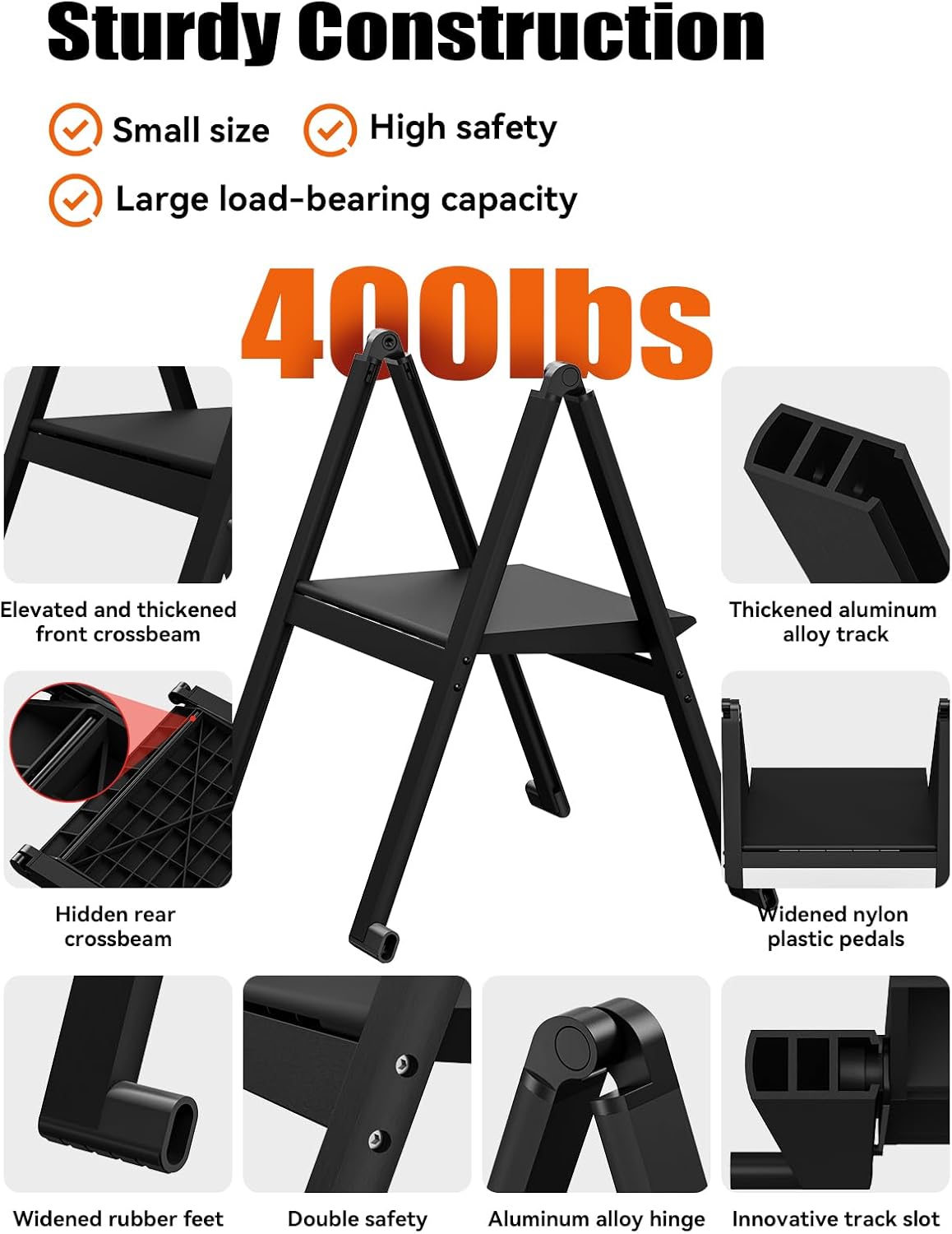 Folding Step Stool,Aluminum Ultra Thin Stool,400 Lbs Capacity Heavy Duty with Anti-Slip Sturdy and Wide Pedal,Closet Step Ladder for Home,Kitchen,Office and Dorm Bed (Black)