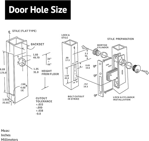 Miniatura 9 de elox Cerradura de embutir de aluminio con cierre de mortaja para puerta, cerrojo oscilante, cilindro de zinc de doble llave y 4 llaves, fondo de
