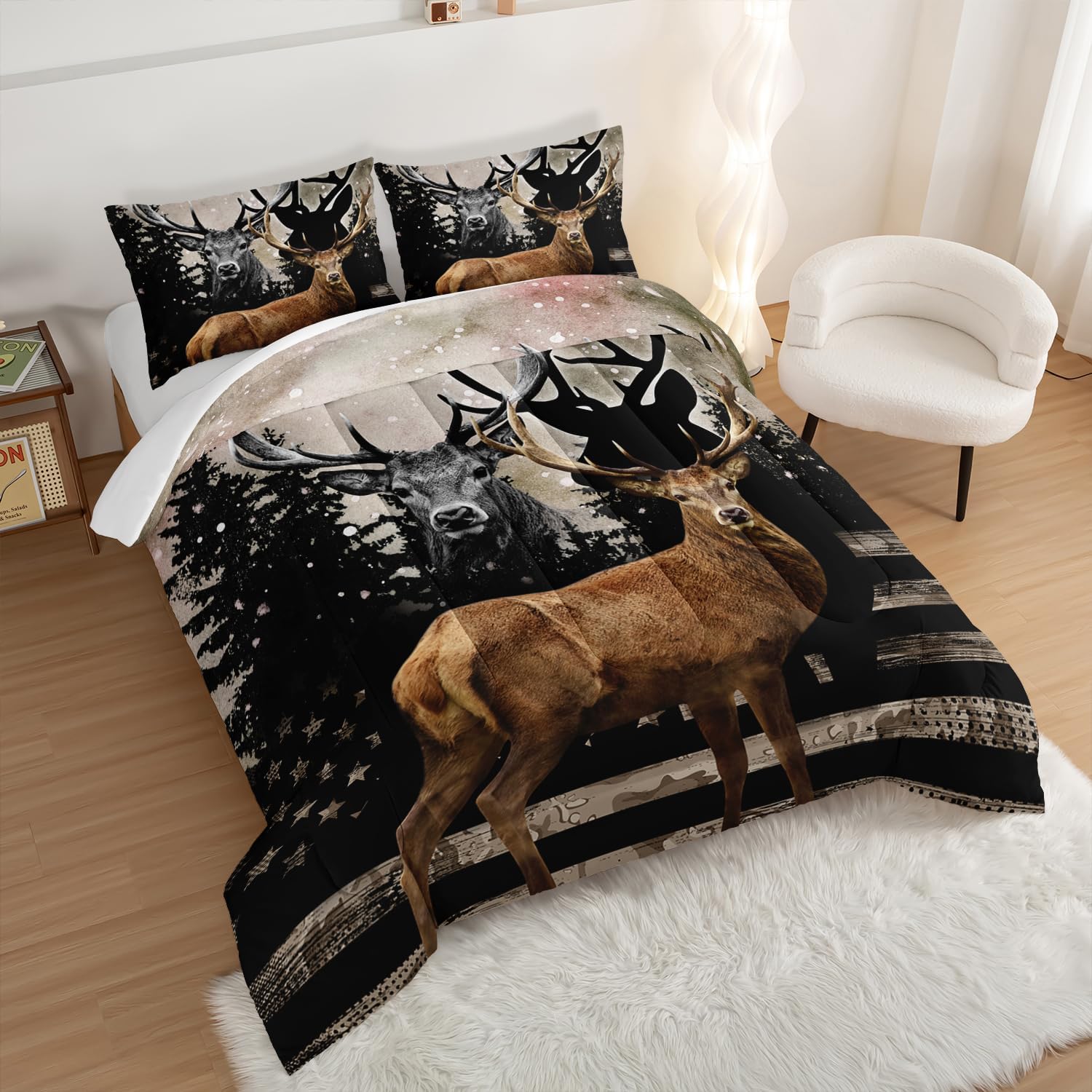 HOSIMA Snowy Forest Deer Comforter Set with 2 Pillowcases,Camo American Flag Twin Bed in a Bag Hunting Bedding Set for Teen Mens Bedroom Essentials,Wildlife Elk Comforter Boys Room Decor. - Image 4