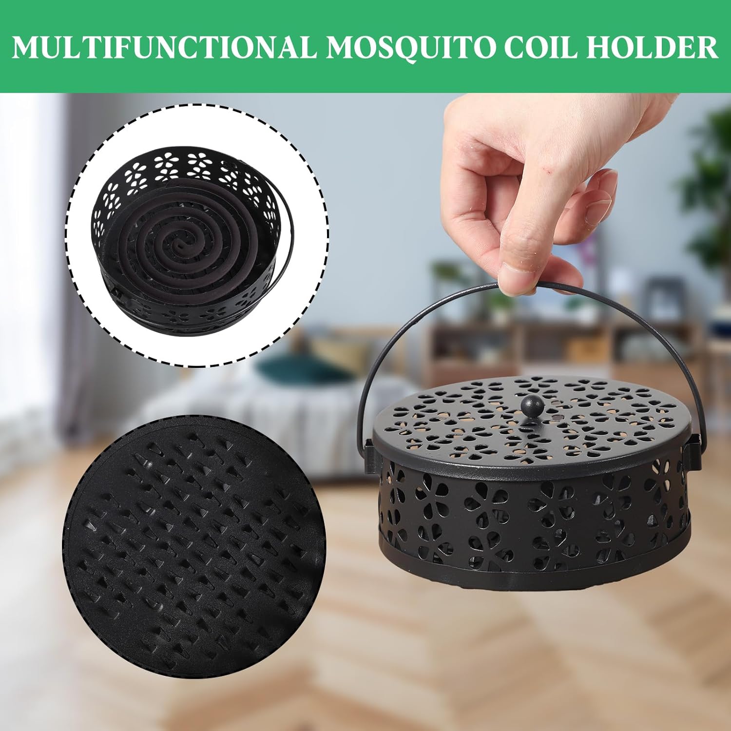 4 Pcs Mosquito Coil Holder Incense Coil Holder, Retro Iron Portable Hanging Outdoor Incense Burner Holder with Handle Round Metal Incense Holder for Home Camping Indoor Outdoor Patio (Black)