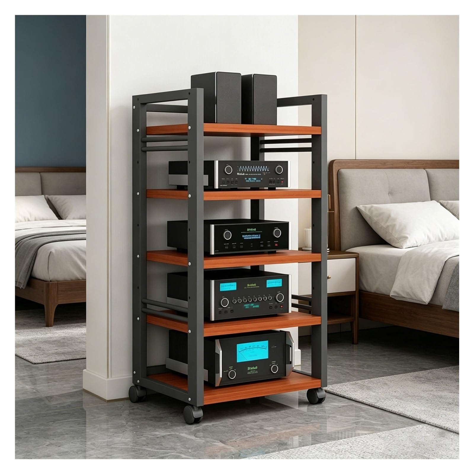 5 Niveaux Meuble HiFi, Support Multimédia, avec Étagère Réglable en Hauteur Et roulettes, Rack HiFi pour Chaînes Stéréo, pour Bureau À Domicile Et Salon(Brown)