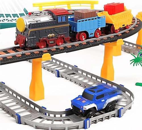 Miniatura 2 de Juego de tren eléctrico para niños de 4 a 8 años con juego de pistas de tren y pistas de automóvil, puente iluminado, señal de tráfico, sonido