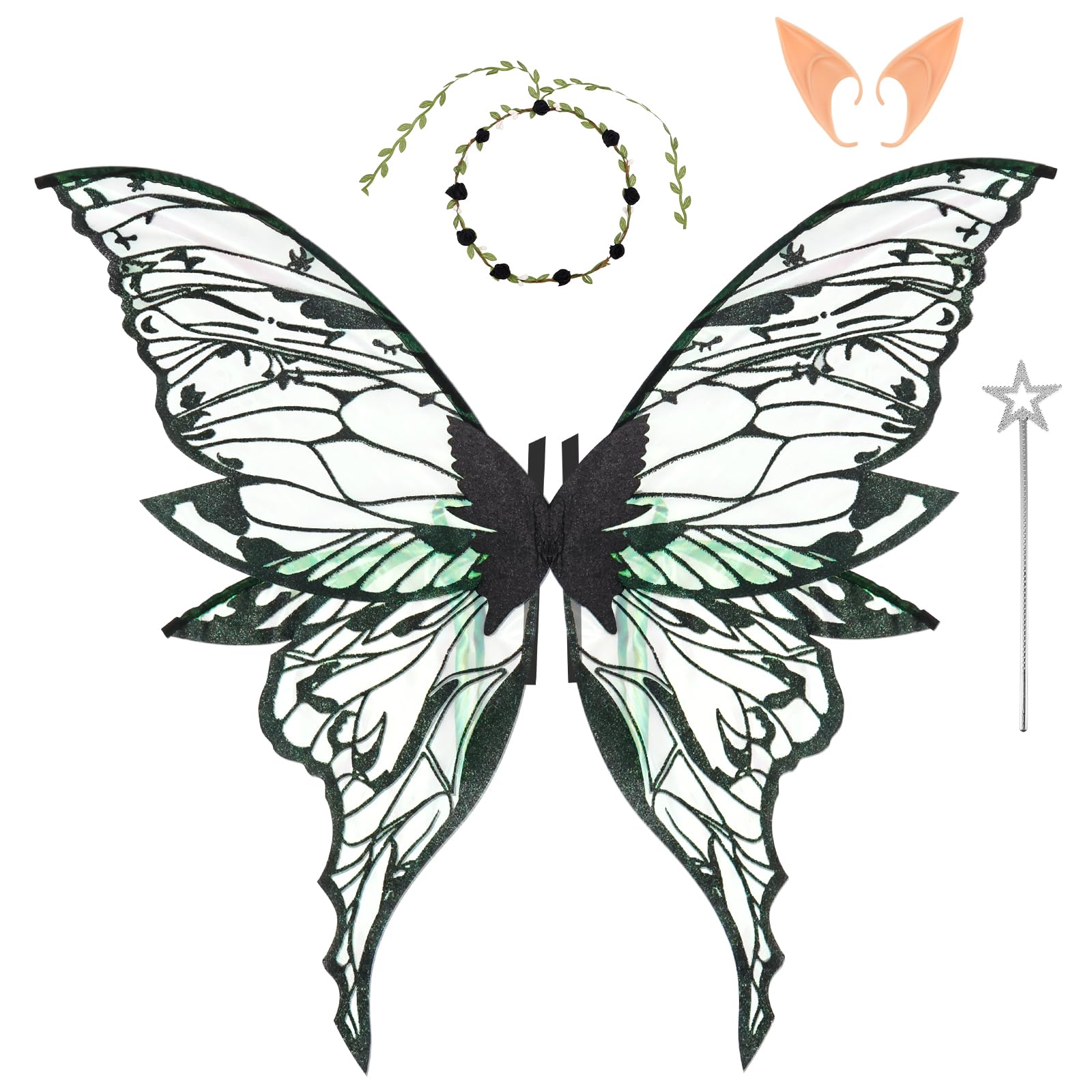 Fairy Wings for Adults Women Children Girls, 4Pcs Butterfly Wings Fairy Costume Set with Wand, Headband & Elf Ears Adjustable Strap Halloween Costume Sparkle Angel Wing Dress Up Party Favor (Black) — image 1
