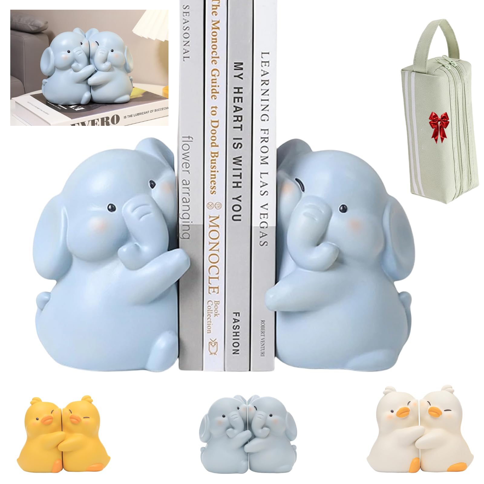 Cartoon Duck Hug Unique Book Ends, Ducks Hugging Bookshelf Stopper, Cute Duck Bookends Creative Resin, Duck Book Ends For Heavy Books Home Office Desk Bookshelf Decoration (Elephant)