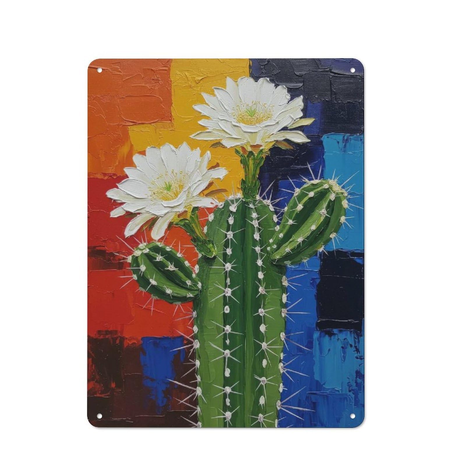 Junmoney Blooming Cactus Painting With Colorful Backgr Tin Sign 40X30cm With Ound For Workshop Wall, Rustic Decor, Suited To Workshop Decor Fans