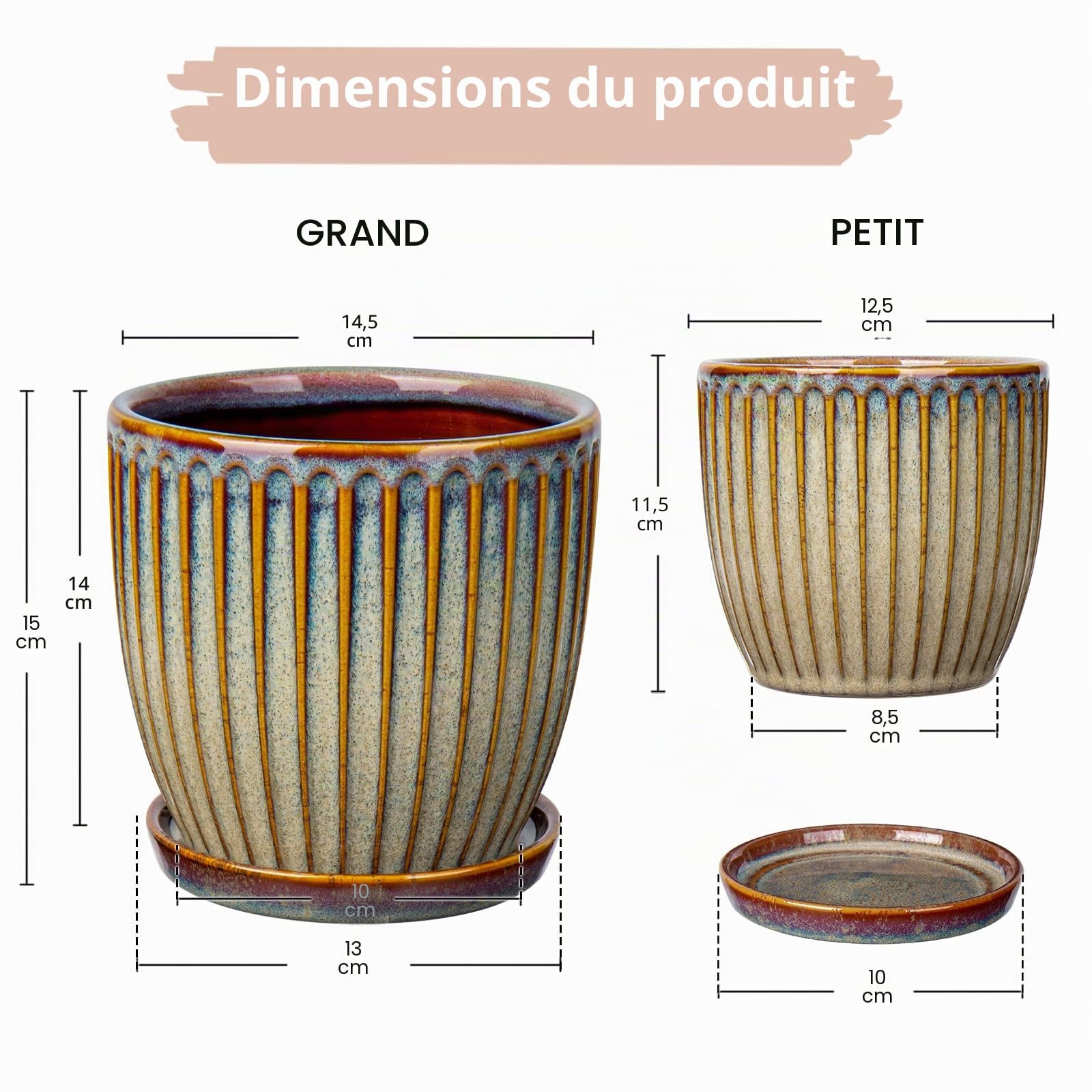 Oairse Lot de 2 pots de fleurs en céramique avec trous de drainage et soucoupes pour intérieur moderne Motif rayures Marron 13 x 15 cm
