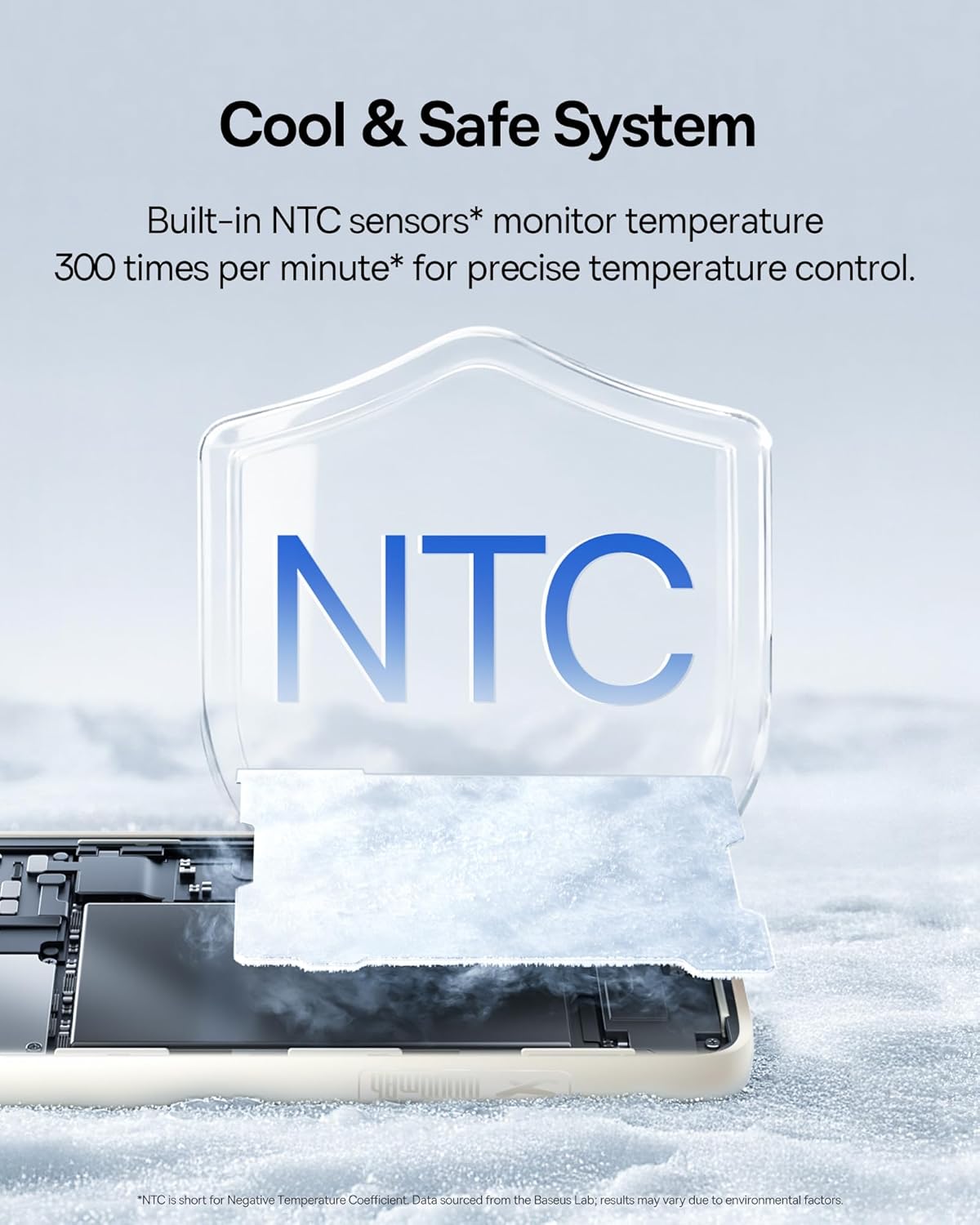 Diagram showing NTC temperature control system within the power bank, with a shield icon and 'NTC' text.