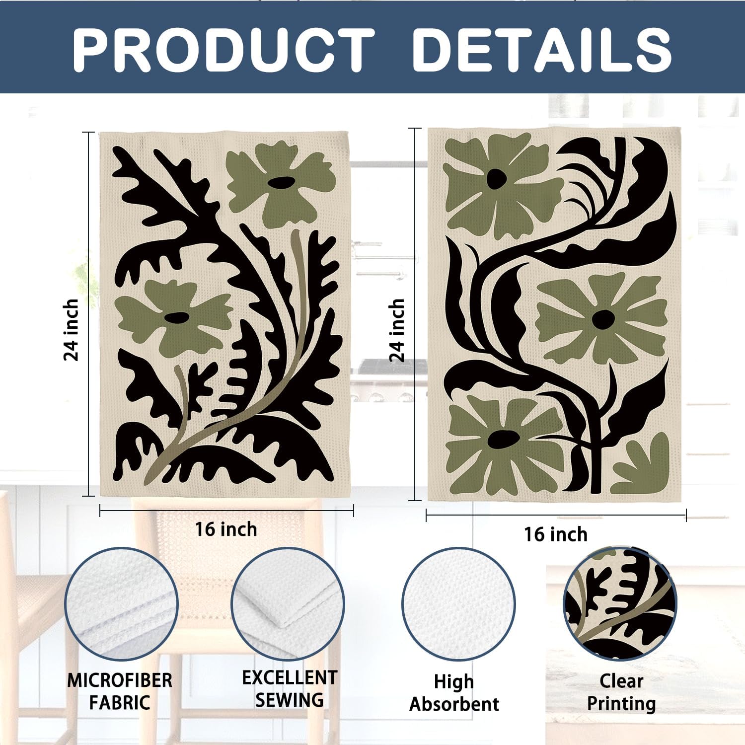 Abstract Olive Green and Black Boho Floral Kitchen Towels Set of 2，70s Retro Flower Botanical Dish Towels for Kitchen Drying, Dark Cottagecore Neutral Hand Towels for Bathroom, 16x24 Inch