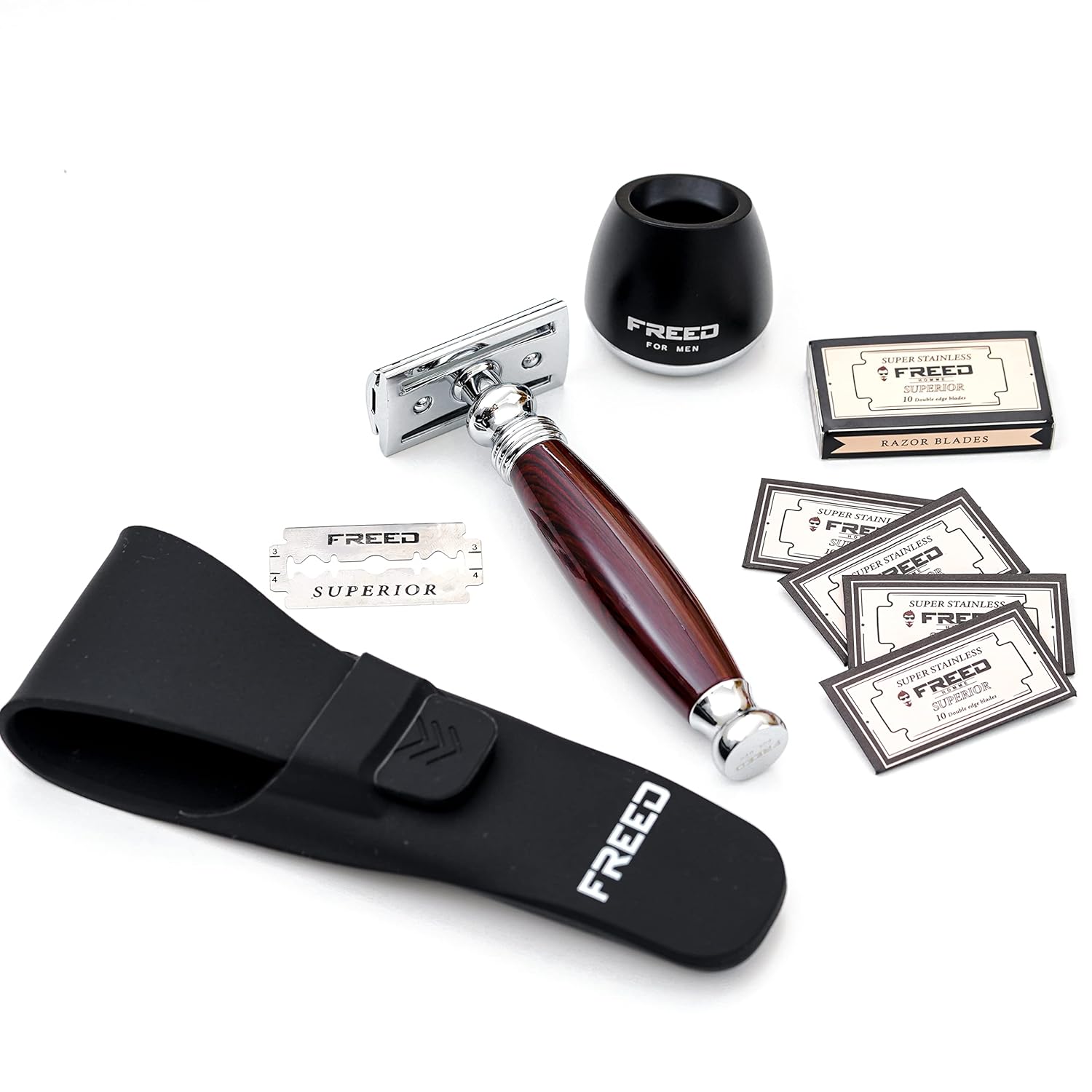 FREED Shaving Kit for Men - Safety Razor with alloy handle and 10 Japanese 6cr13 Stainless Steel, include razor base, razor travel case, christmas gifts for Men,Made in Taiwan