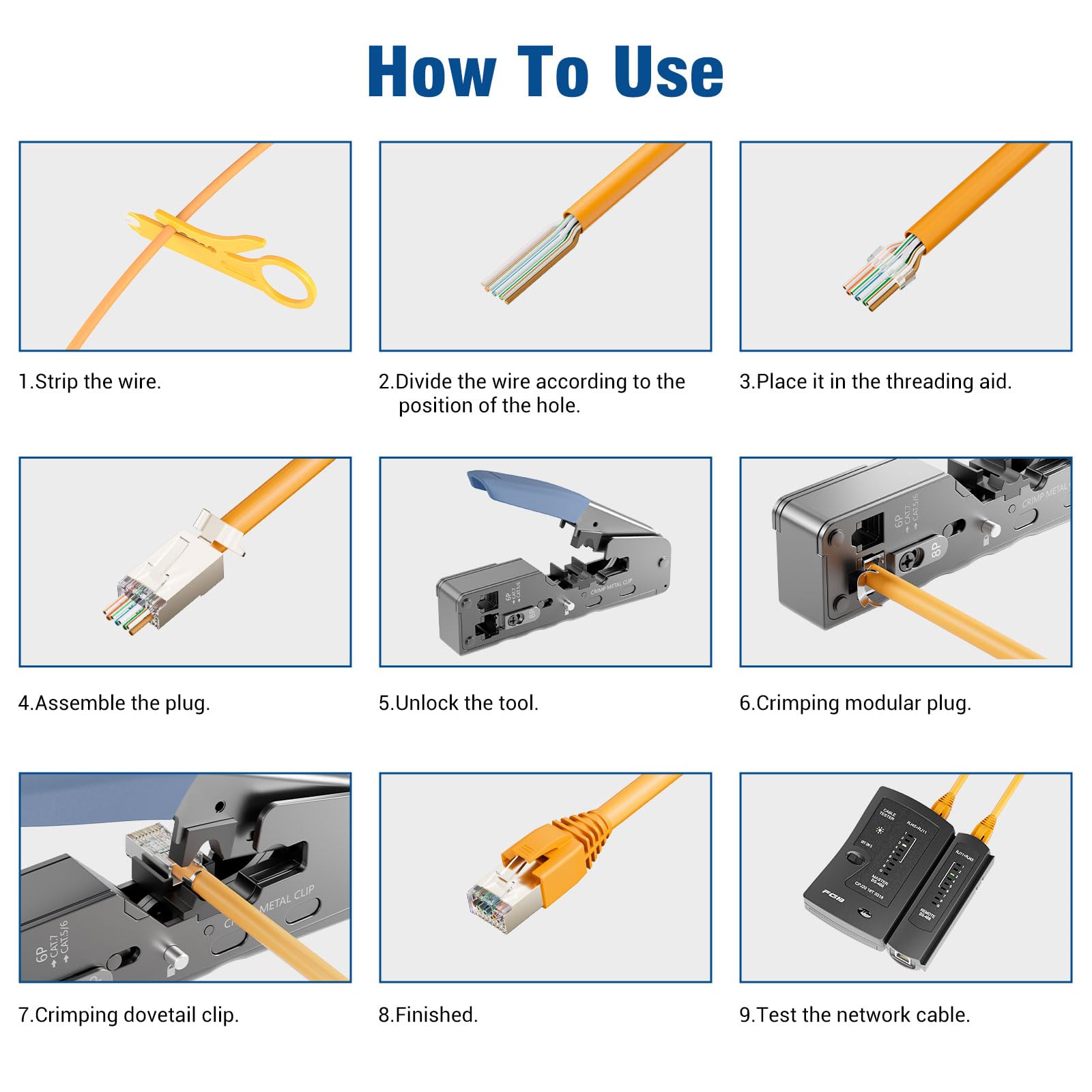 FGB Set di strumenti di rete, pinza crimpatrice RJ45 per Cat7/6/5 | Pinza crimpatrice RJ45, 4 connettori di rete Cat7 senza attrezzi, 10 connettori RJ45, strumento di posa LSA, tester di rete