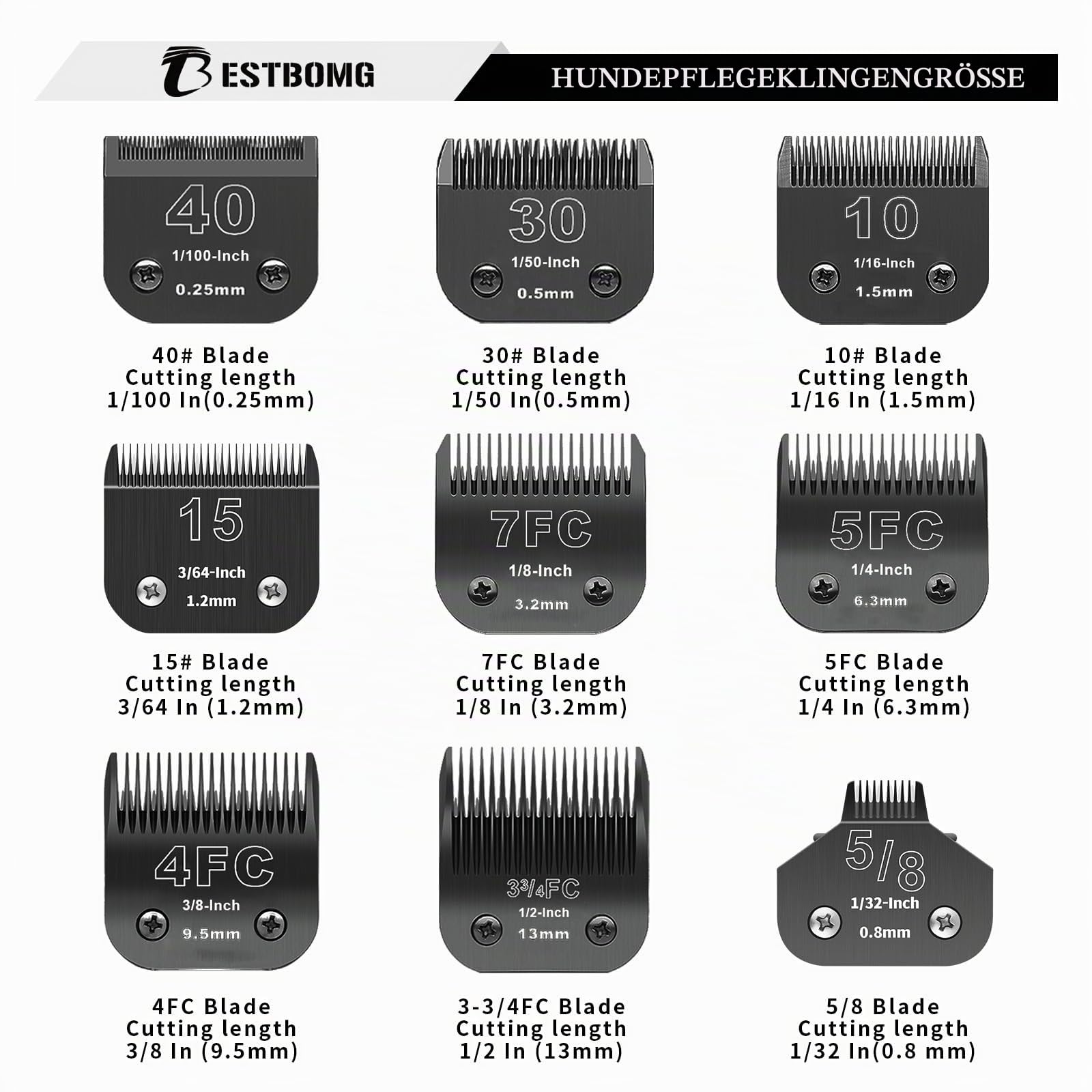 BESTBOMG Ersatzmesser für Hundepflege 7FC+5FC+4FC, kompatibel mit Heiniger/Moser Max45/Andis/Oster A5/Wahl km10 Serie Schermaschine für Hunde, Schnittlänge,3 Einheiten,Schwarz