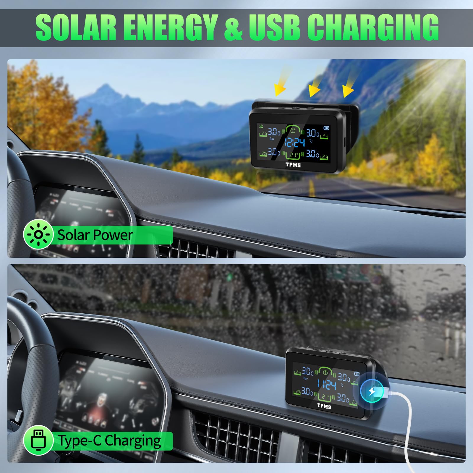 TPMS Sistema de Monitoreo de Presión de Neumáticos, Carga Solar/USB, 5 Funciones de Alarma, Auto On/Off, Compatible Caravana/Berlina/SUV/MPV (4 Sensores, 87 PSI)