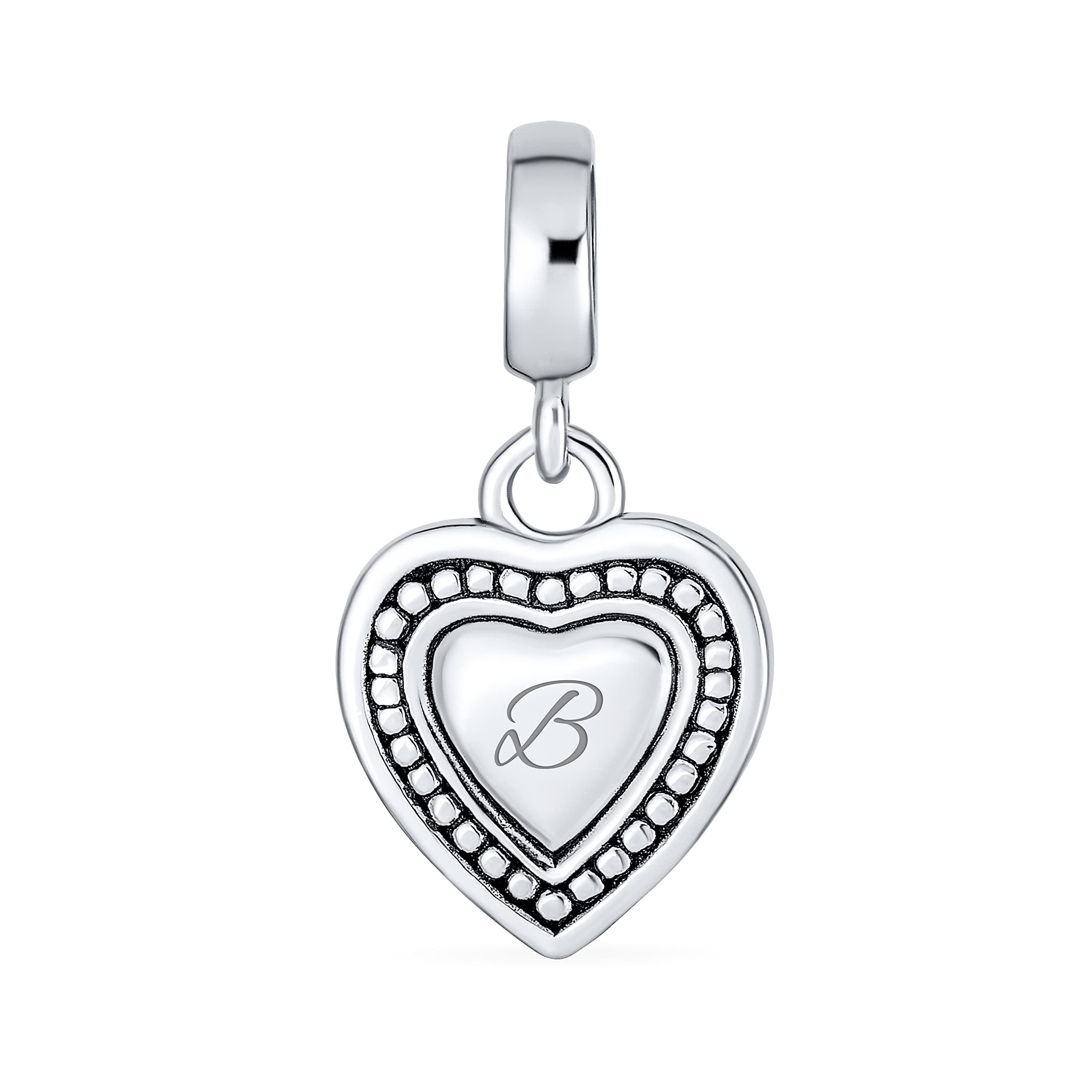 Bling JewelryVintage Style Personalized Gift Dangle Script Initial Alphabet A-Z Heart Charm Bead For Women For Teen Solid .925 Sterling Silver Fits European Bracelet Customizable