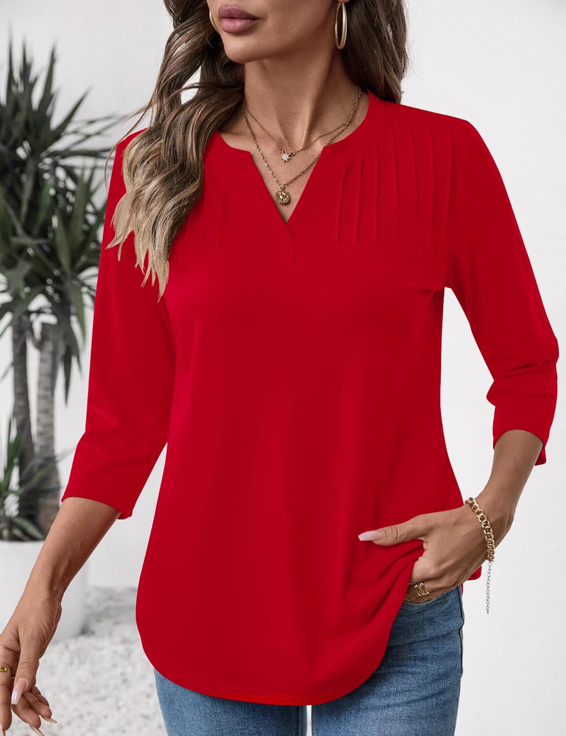LOMON Women's 3/4 Length Sleeve Tops V Neck Dressy Casual Blouses Fashion Pleated Tunic Shirts Summer Fall 2025 - Image 5