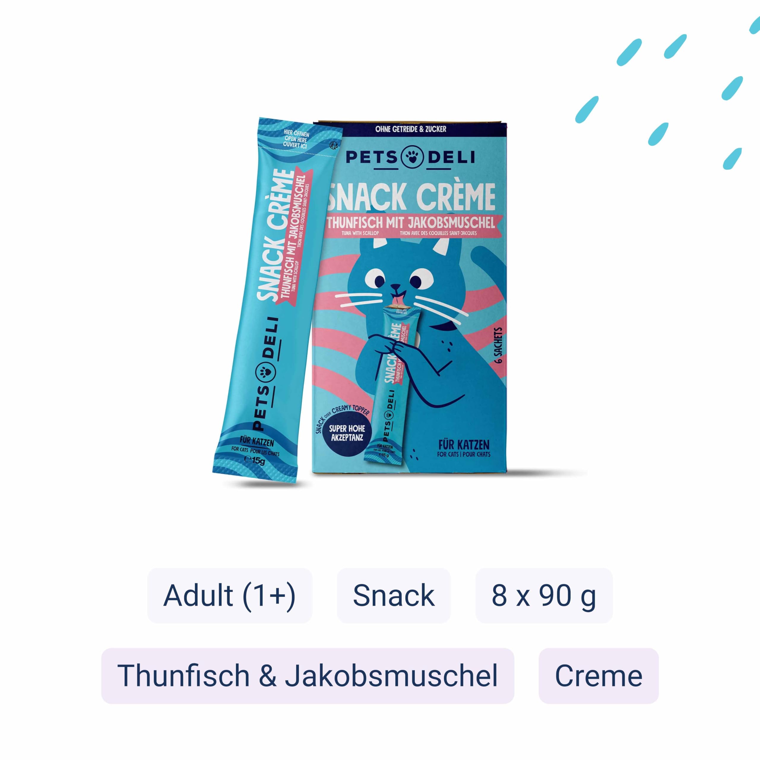 Pets Deli Cremesnack Katzen Snack Thunfisch & Jakobsmuschel, Topping & Belohnung, für wählerische Katzen, getreidefrei, Ohne Zucker, 8x90g, Premium Qualität