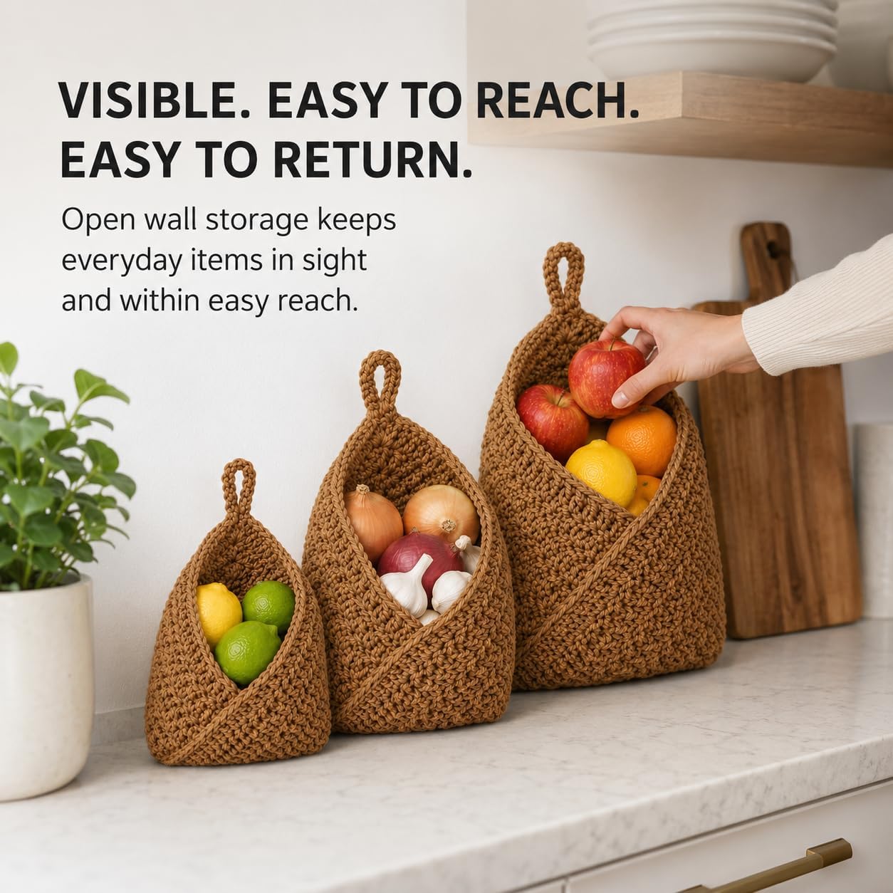 Hanging Fruit Baskets for Wall, 3 Pack Handwoven Cotton Baskets for Storage