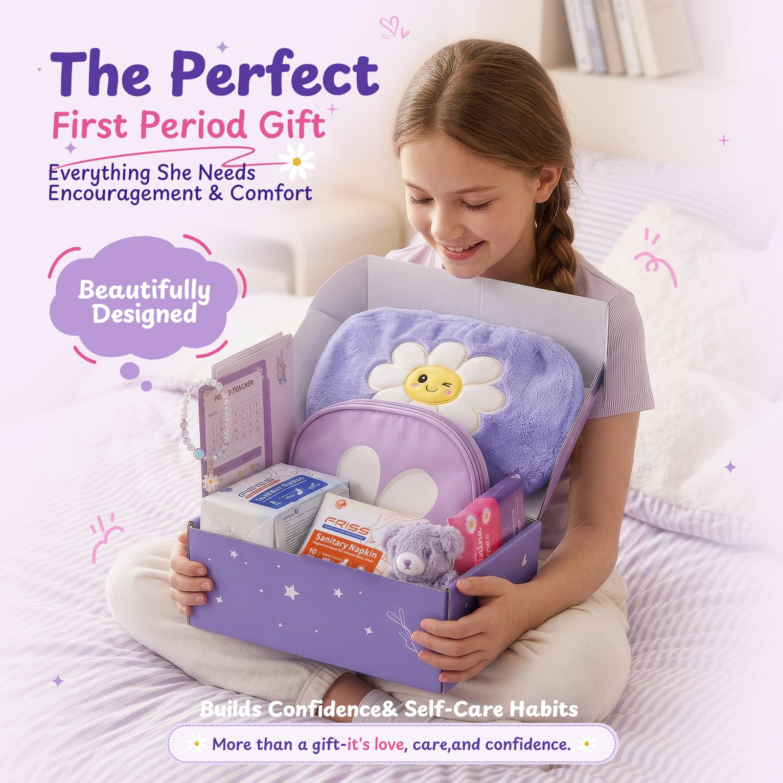 First Period Kit for Girls 9–12 – Tween Menstrual Starter Kits with 8 PC Period Gift Kits for for Tween Girls Gift-Ready Box (Lavender) — Amazon image 6