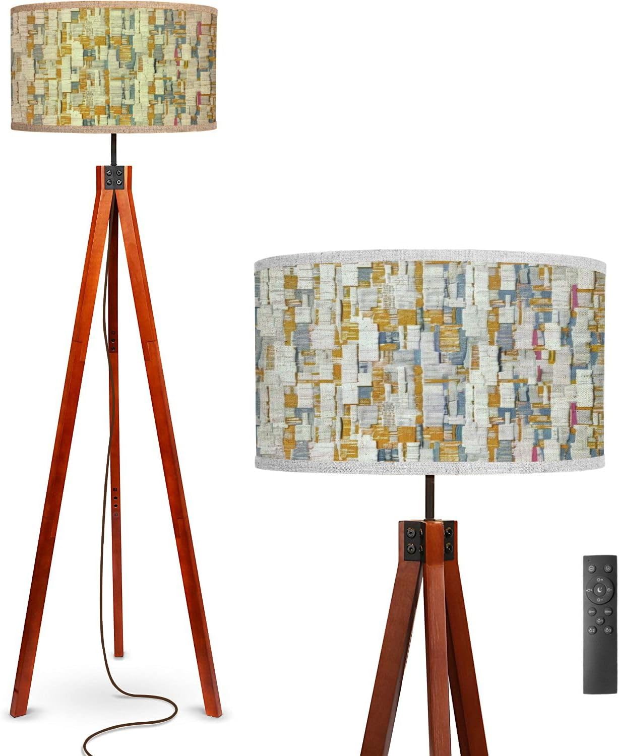 Floor Lamp Texture Jacquard Woven Plain Seamless Printed Designed for Standing Lamp Solid Wood Legs Modern Tall Lamp Tripod Floor Lamp with Flaxen Shade for Living Room, Bedroom, Office