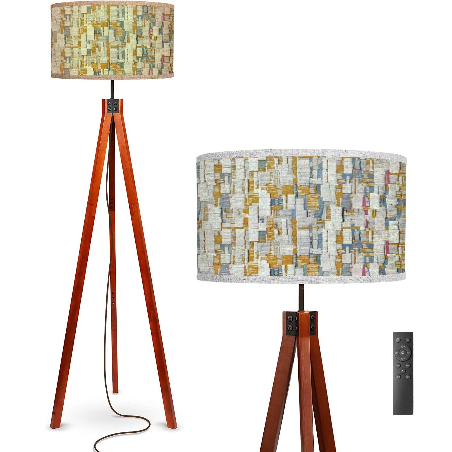 Floor Lamp Texture Jacquard Woven Plain Seamless Printed Designed for Standing Lamp Solid Wood Legs Modern Tall Lamp Tripod Floor Lamp with Flaxen Shade for Living Room, Bedroom, Office