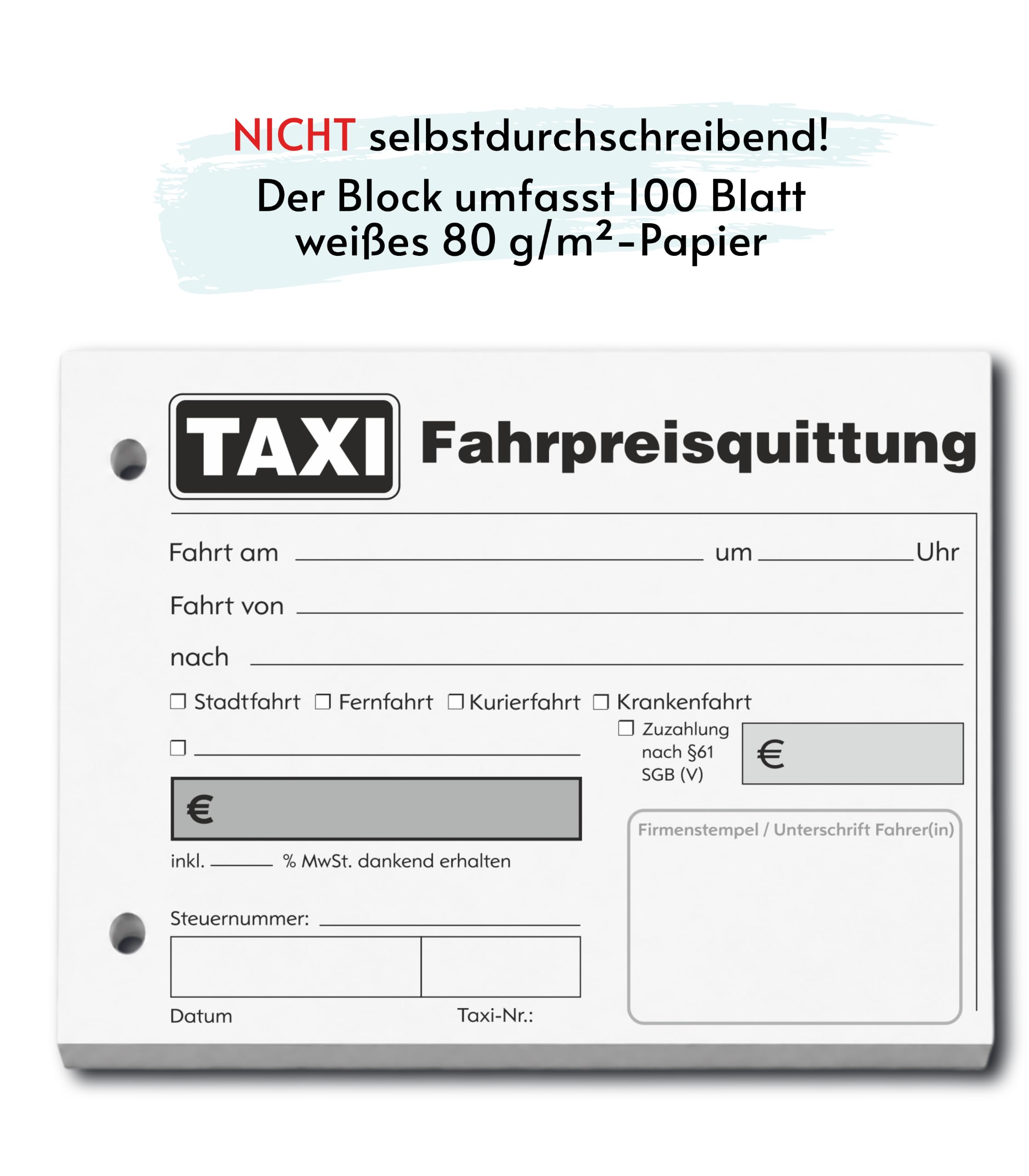 20x Taxiquittungsblock DIN A6 quer, 100 Blatt, gelocht, ohne Durchschlag
