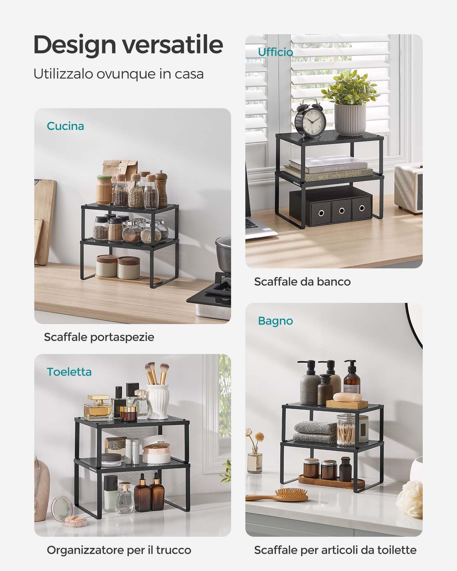 SONGMICS Scaffale Portaspezie, Set di 2 Organizzatori da Cucina Espandibili, Scaffale da Cucina Impilabile, Metallo, Nero Inchiostro KCS001B01