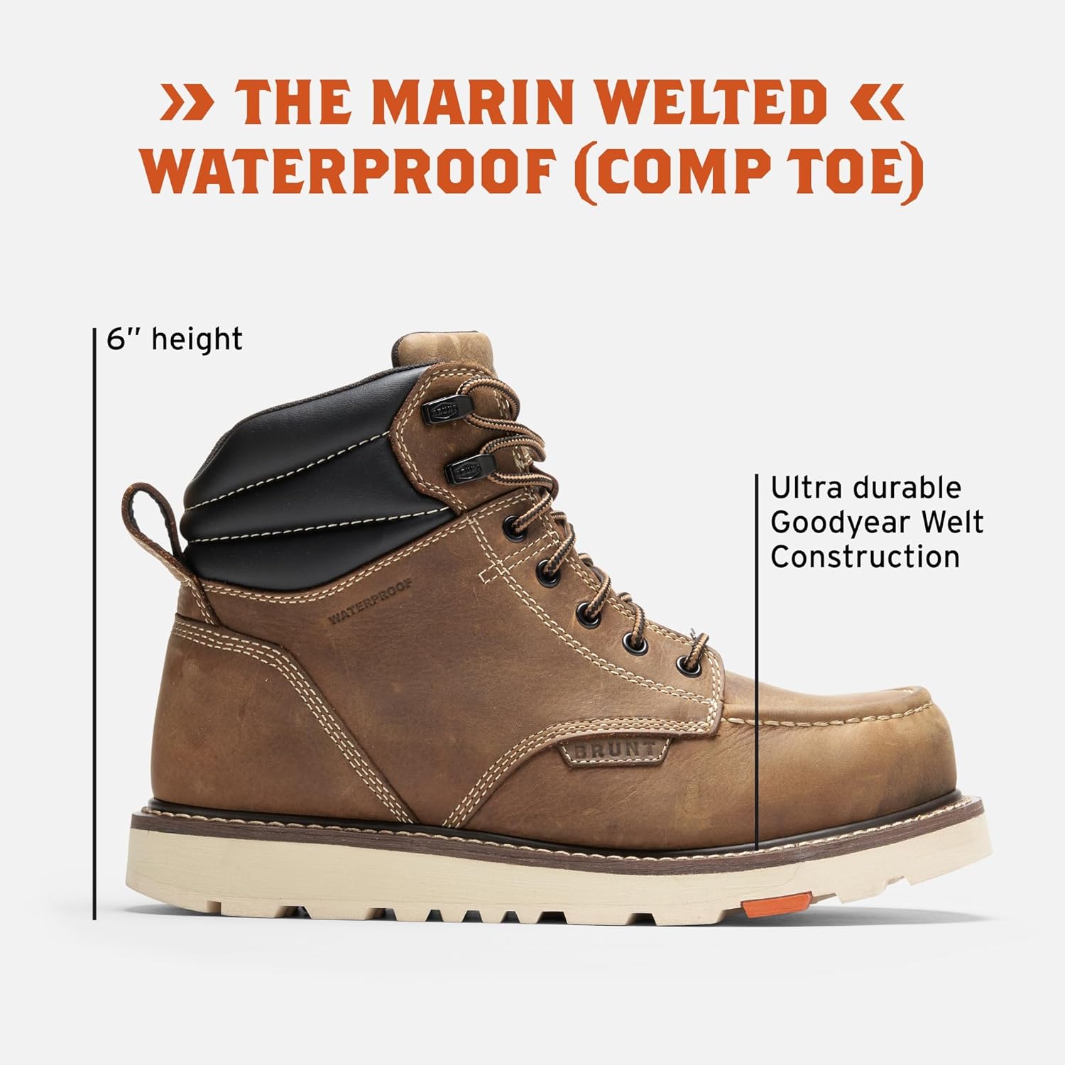 BRUNT Marin Welted (Comp Toe) - Men’s, Brown - Waterproof Safety Toe Wedge Work Boot - Goodyear Welt Construction - EH & ESR Rated - Oil & Slip Resistant - Adjustable Width System - Image 2