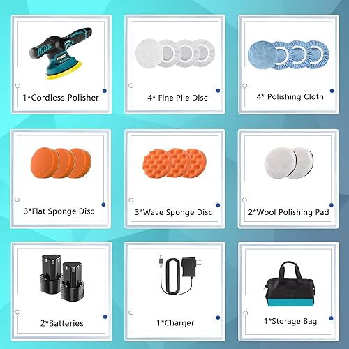Miniatura 7 de PEDONY Pulidora inalámbrica de 6 pulgadas, máquina enceradora de pulido portátil con 6 velocidades variables, 2 unidades de 2000 mAh de pulido de