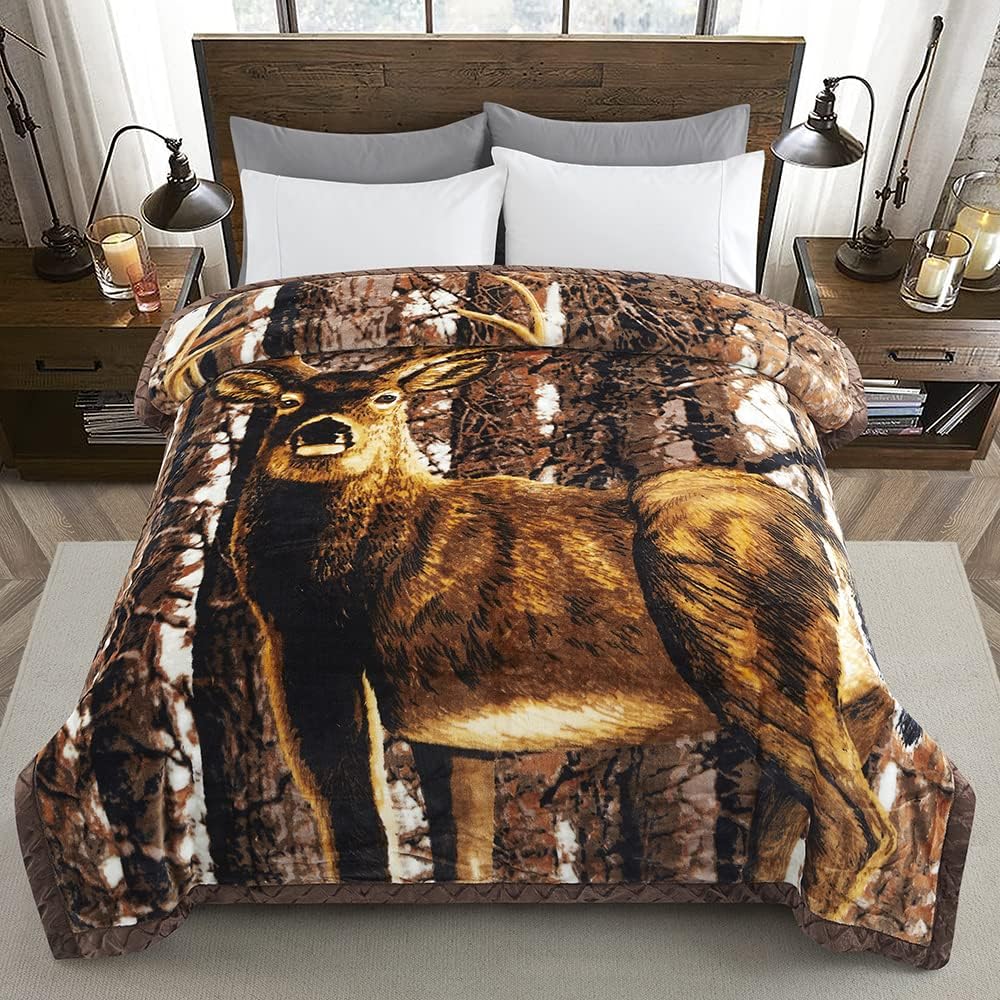 Marina Decoration Reversible 8 LB Oversized Heavy Woven Fluffy Plush Soft Warm Korean Style Mink 2 Ply Rich Printed Animal Flannel Fleece Throw Raschel Blanket, 78 x 86 Inch Deer Safari Pattern